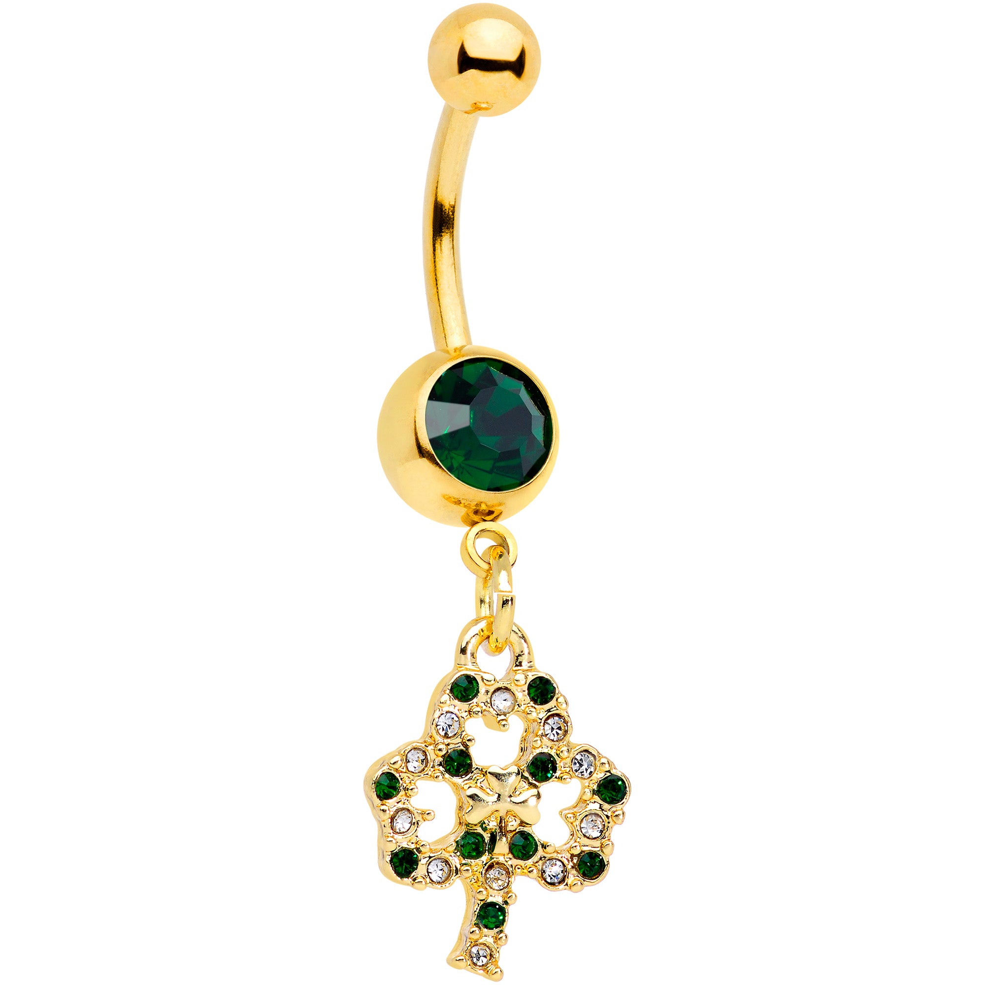 Green Gem Gold Tone Double Shamrock St Patricks Day Dangle Belly Ring