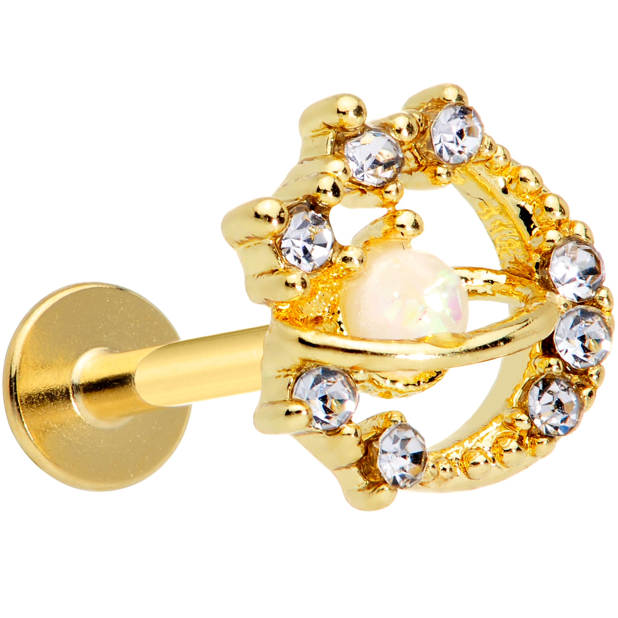16G 5/16 Clear Gem Gold Tone White Faux Opal Moon Labret Tragus