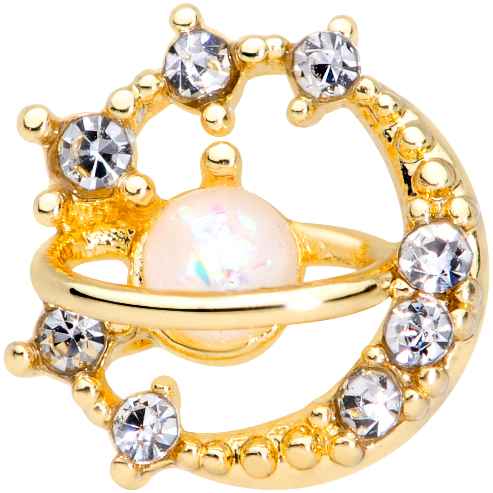 16G 5/16 Clear Gem Gold Tone White Faux Opal Moon Labret Tragus