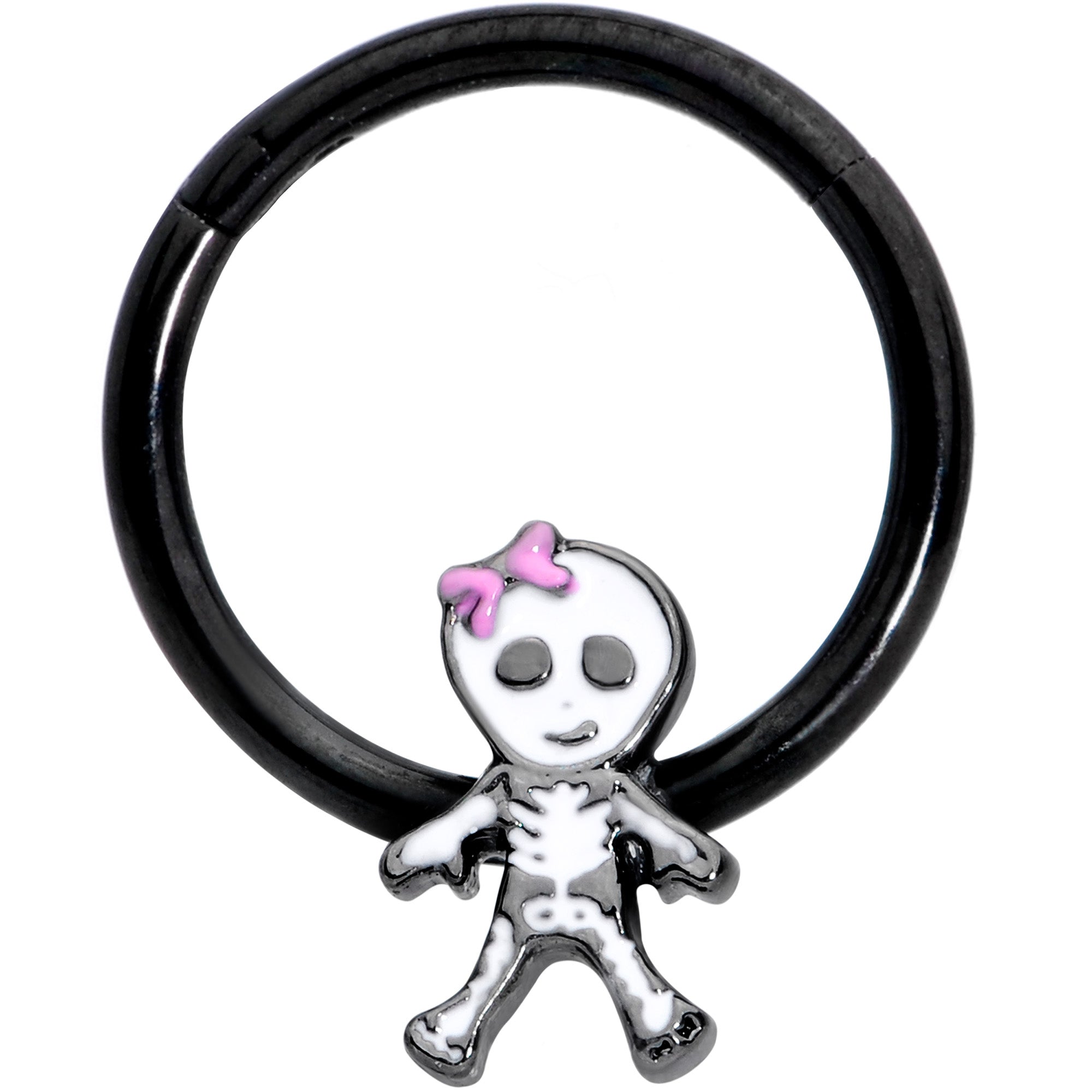 16G 3/8 Black Skeleton Girl Halloween Hinged Segment Ring