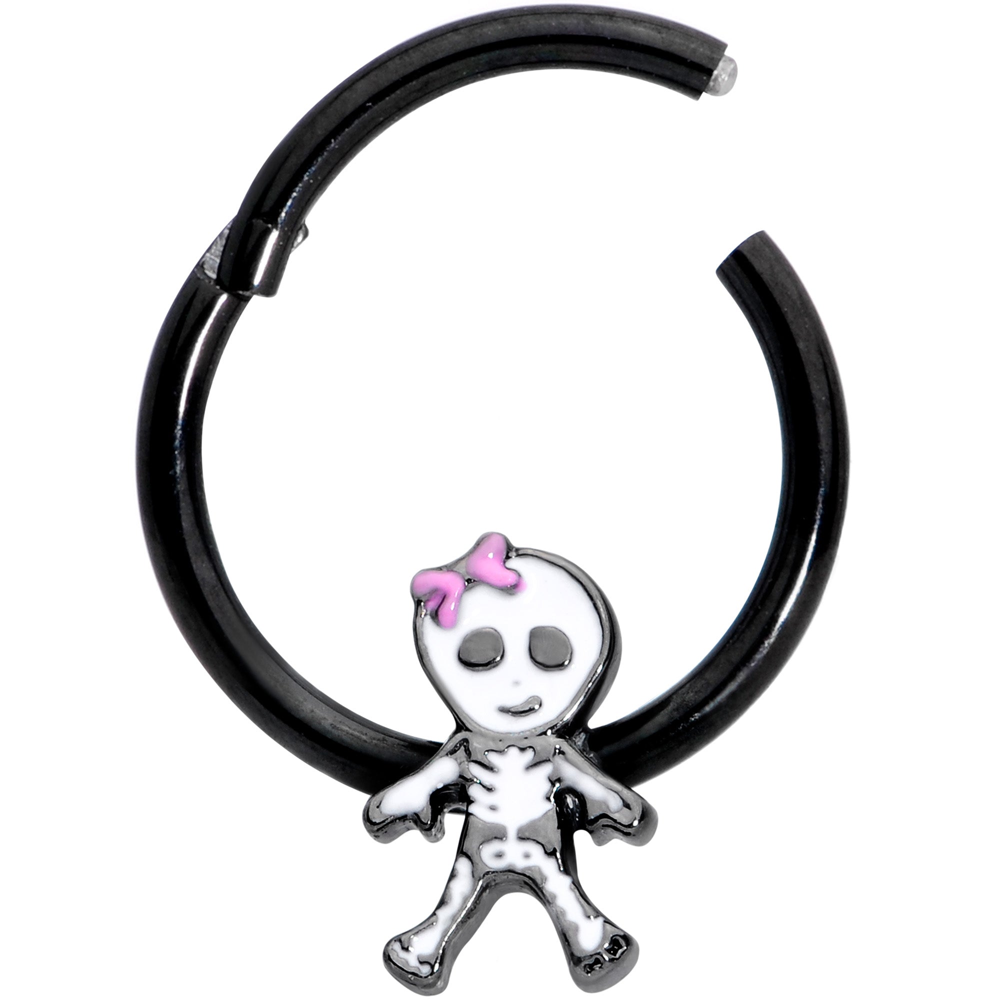 16G 3/8 Black Skeleton Girl Halloween Hinged Segment Ring