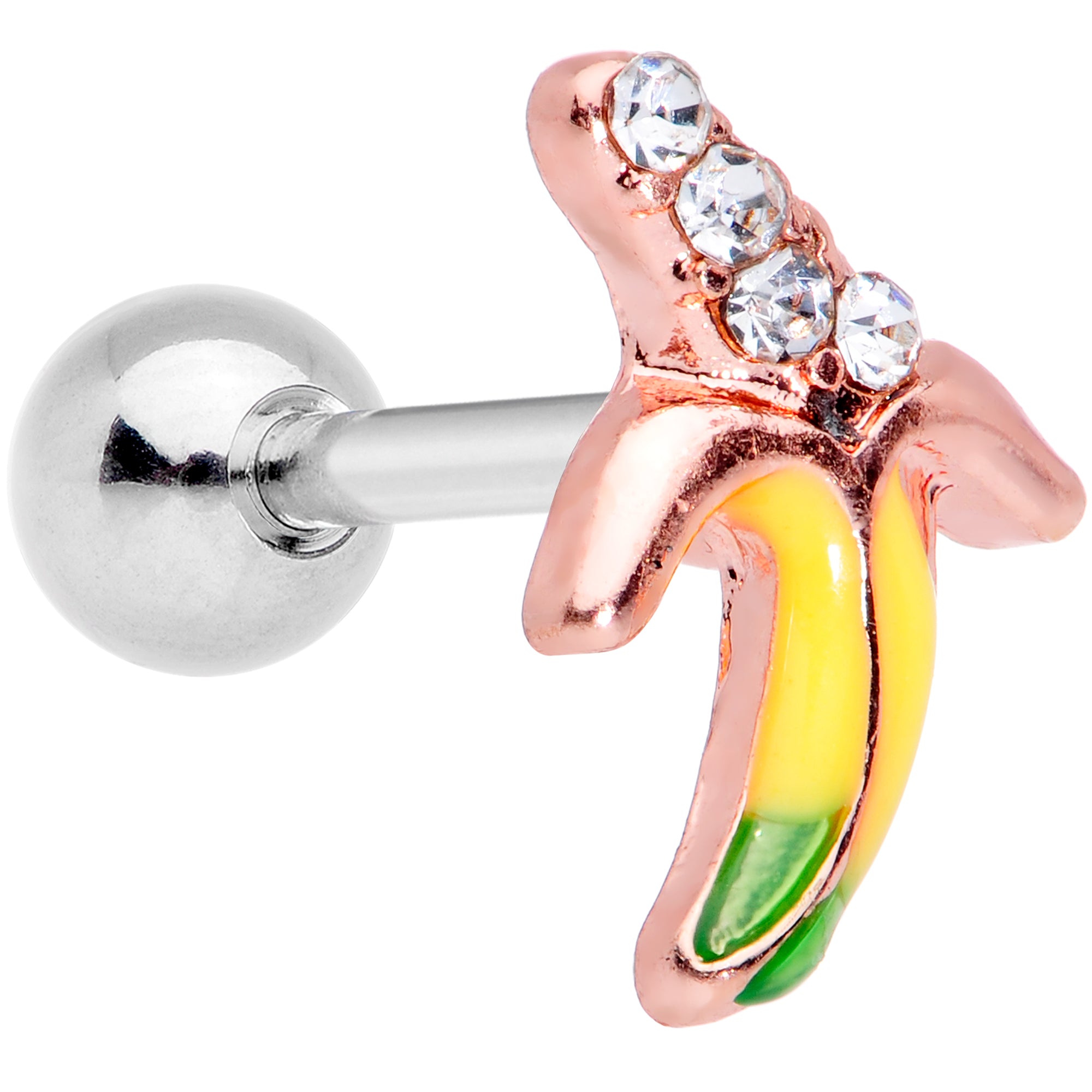 16G 1/4 Clear CZ Gem Rose Gold Tone Glam Banana Cartilage Tragus