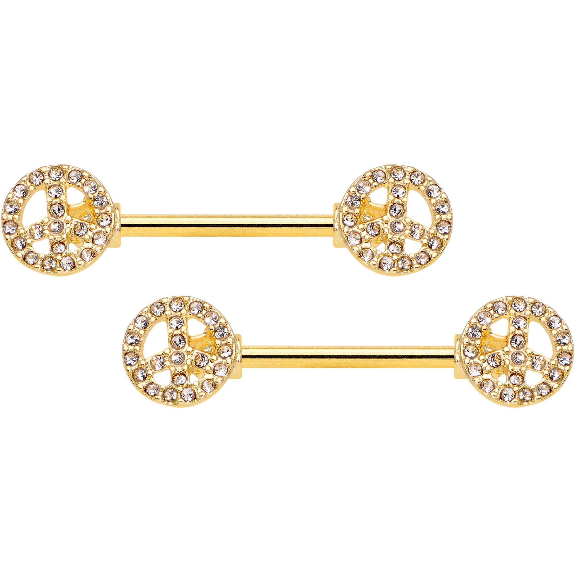14G 5/8 Clear Gem Gold Tone Peace Sign Barbell Nipple Ring Set