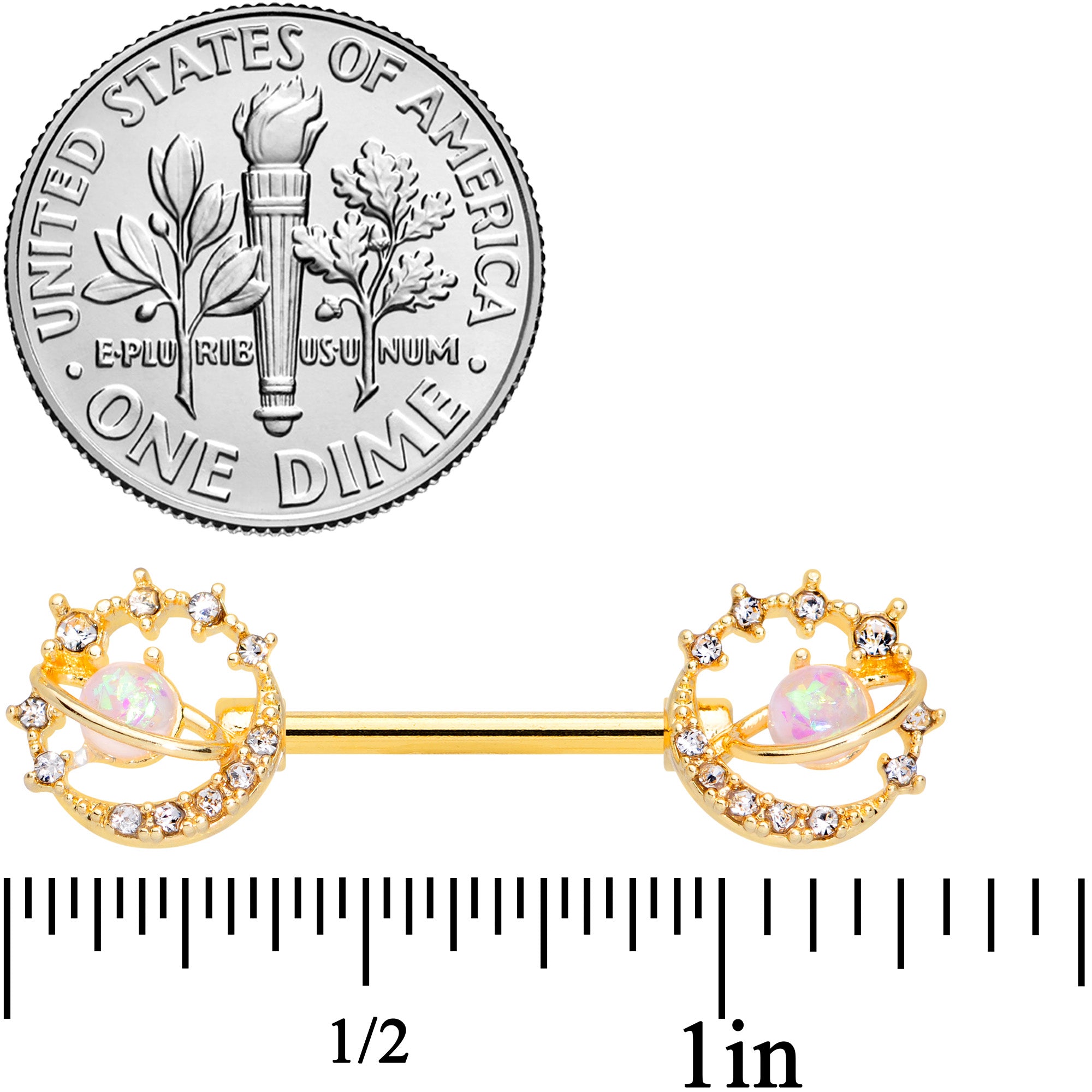 14G 9/16 Clear Gem Gold Tone Saturn Moon Barbell Nipple Ring Set