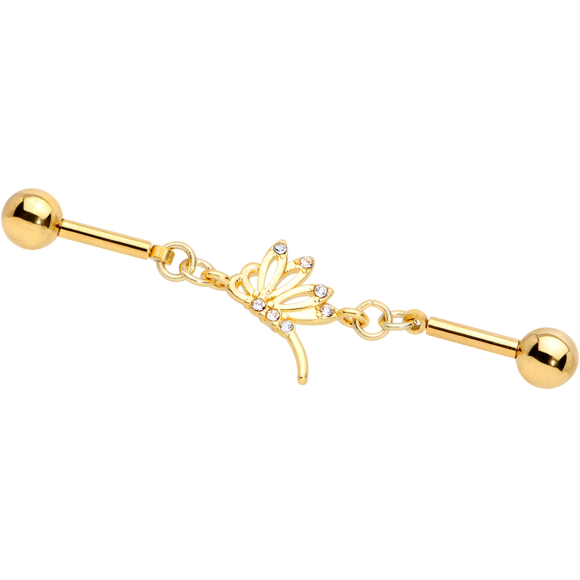 14G Clear CZ Gold Tone Dragonfly Double Industrial Barbell 40mm
