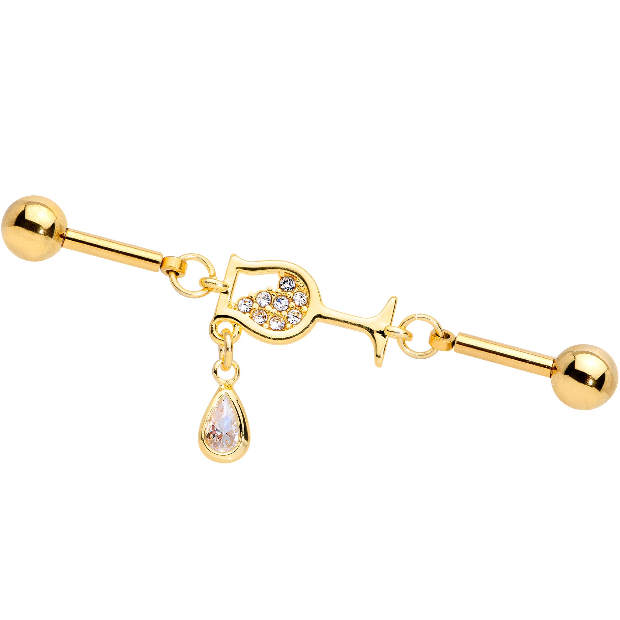 14G Clear Gem Wineglass Dangle Double Industrial Barbell 38mm