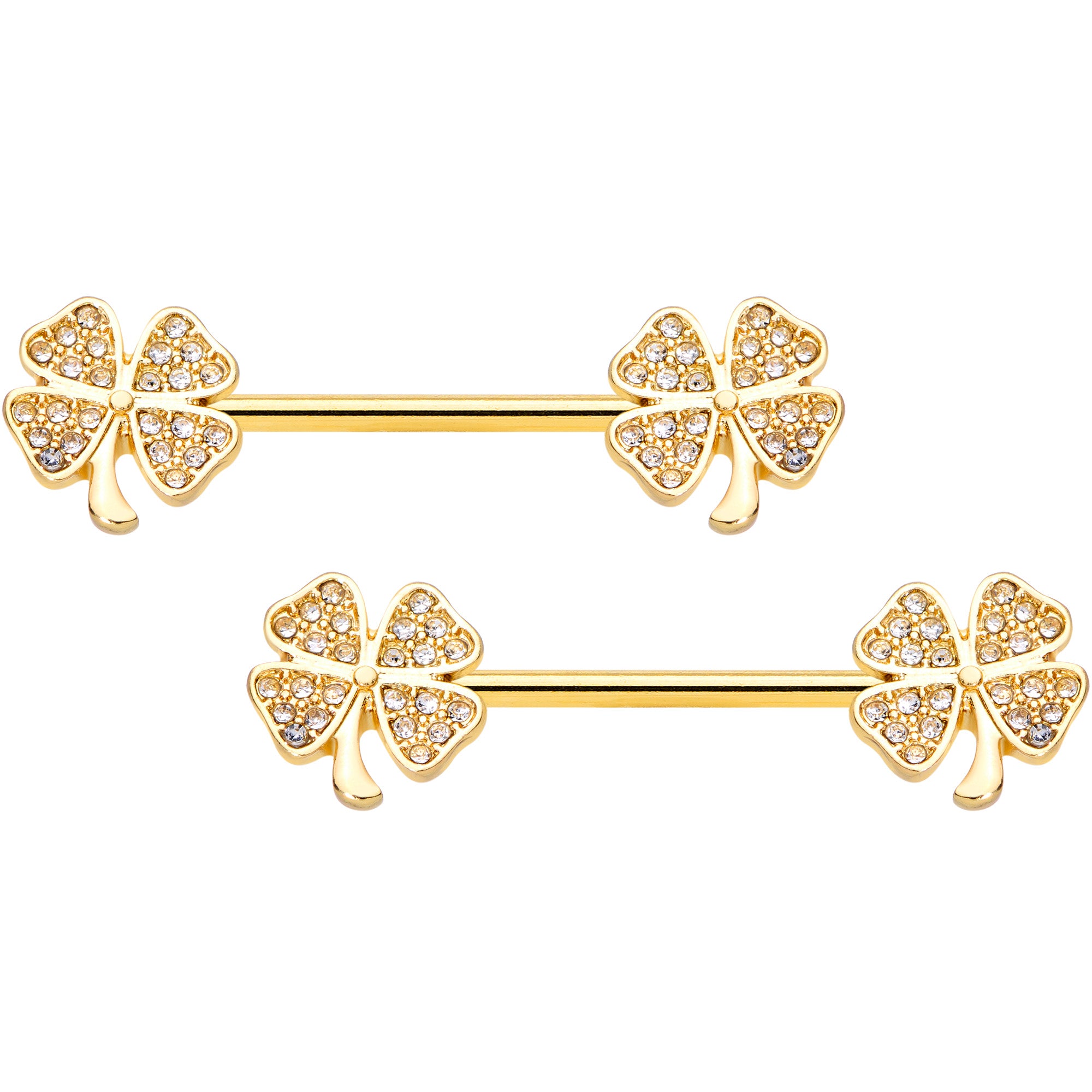 14G 9/16 Clear Gem Gold Tone Shamrock Barbell Nipple Ring Set
