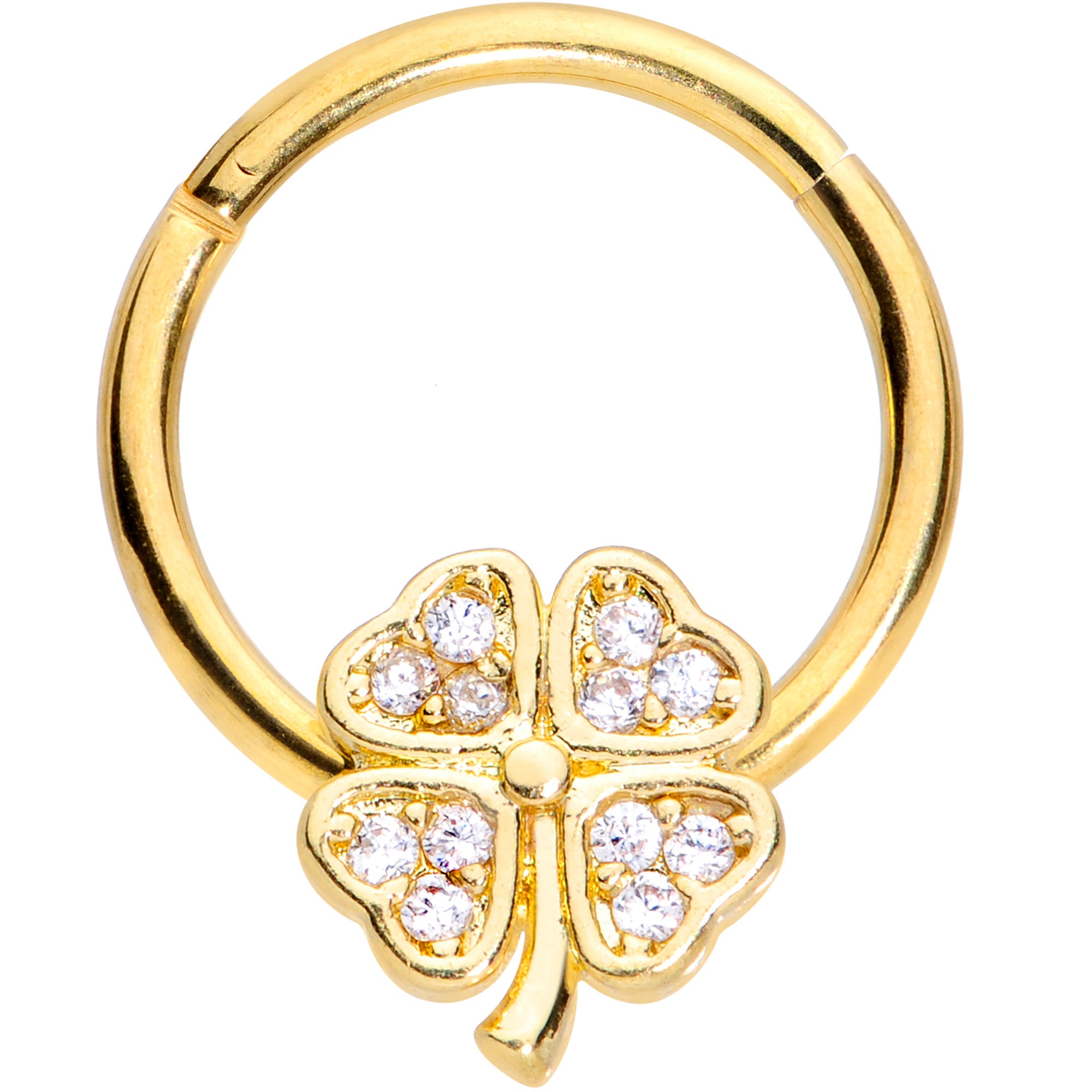 16G 3/8 Clear Gem Gold Tone Shamrock Hinged Segment Ring