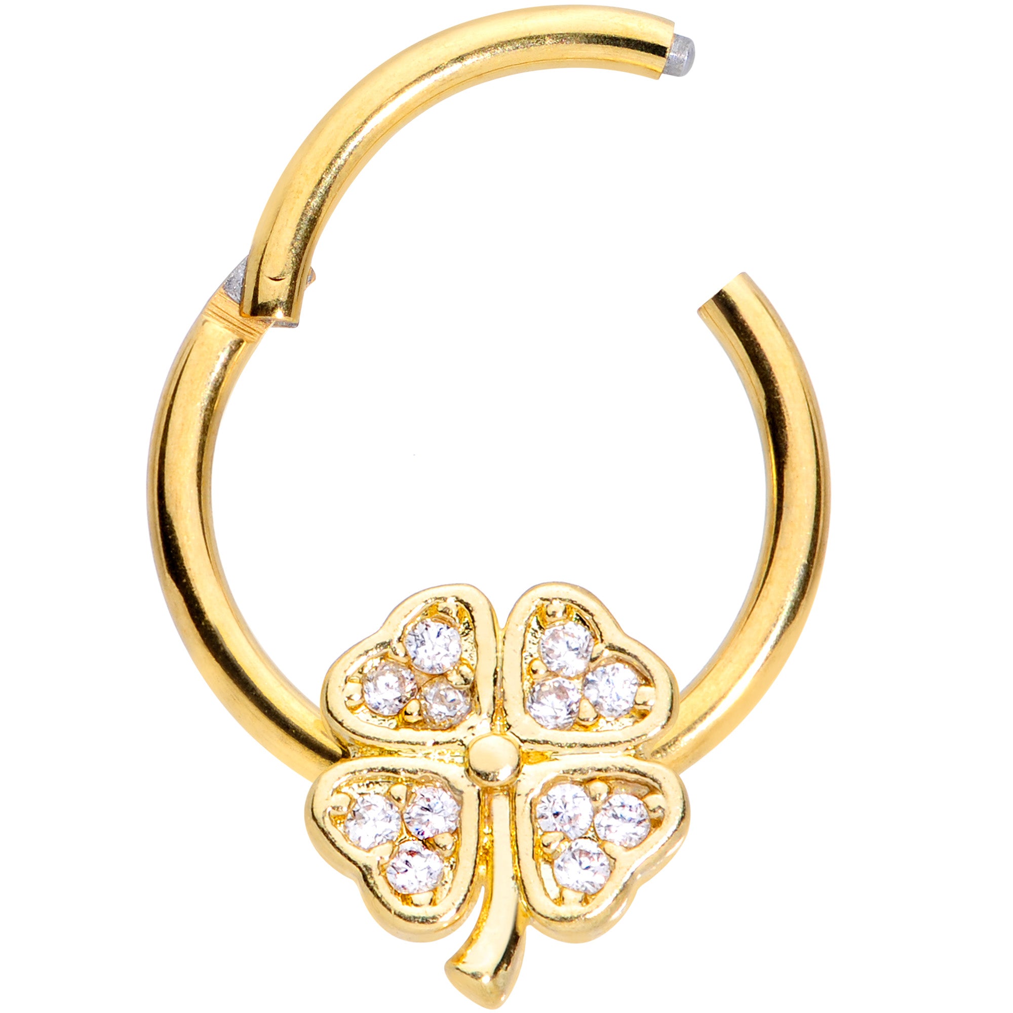 16G 3/8 Clear Gem Gold Tone Shamrock Hinged Segment Ring