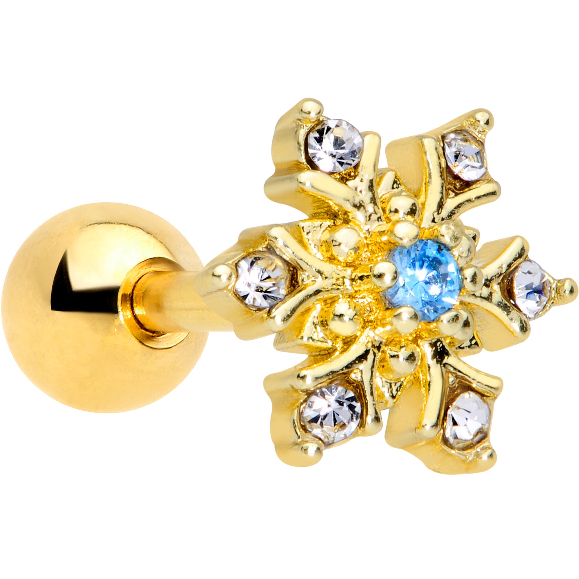 16G 1/4 Blue CZ Gold Tone Snowflake Christmas Cartilage Tragus
