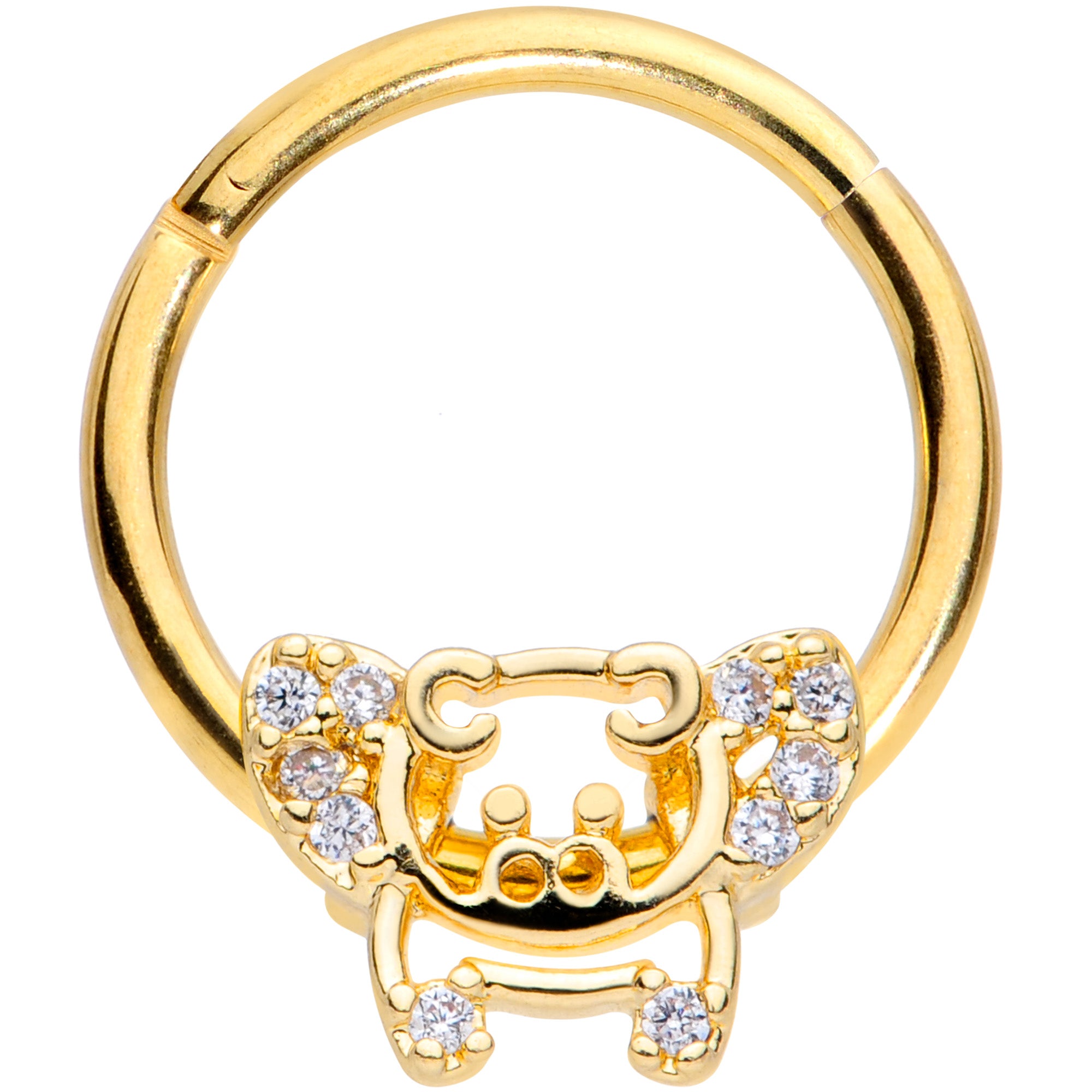 16G 3/8 Clear Gem Gold Tone Flying Pigs Hinged Segment Ring