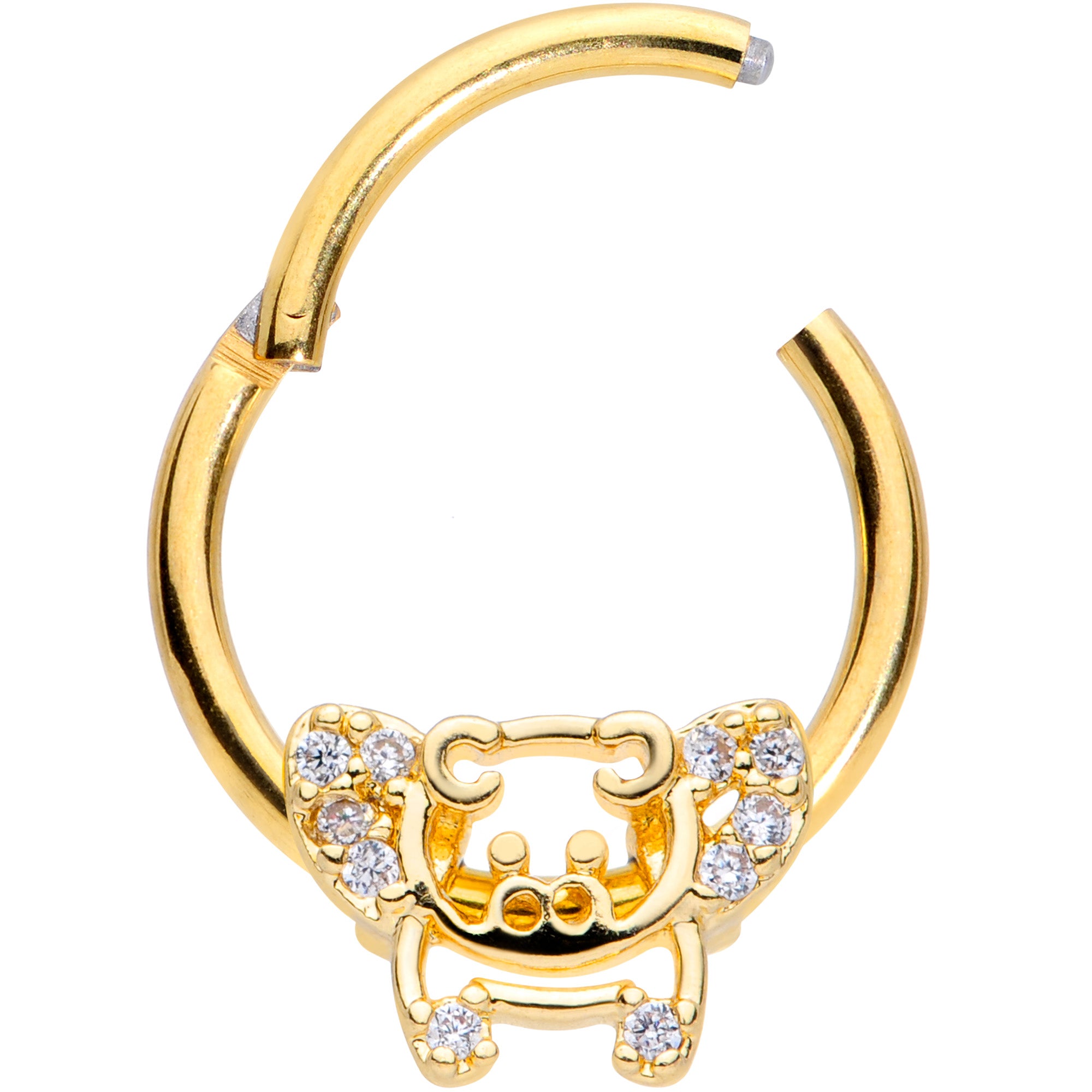 16G 3/8 Clear Gem Gold Tone Flying Pigs Hinged Segment Ring