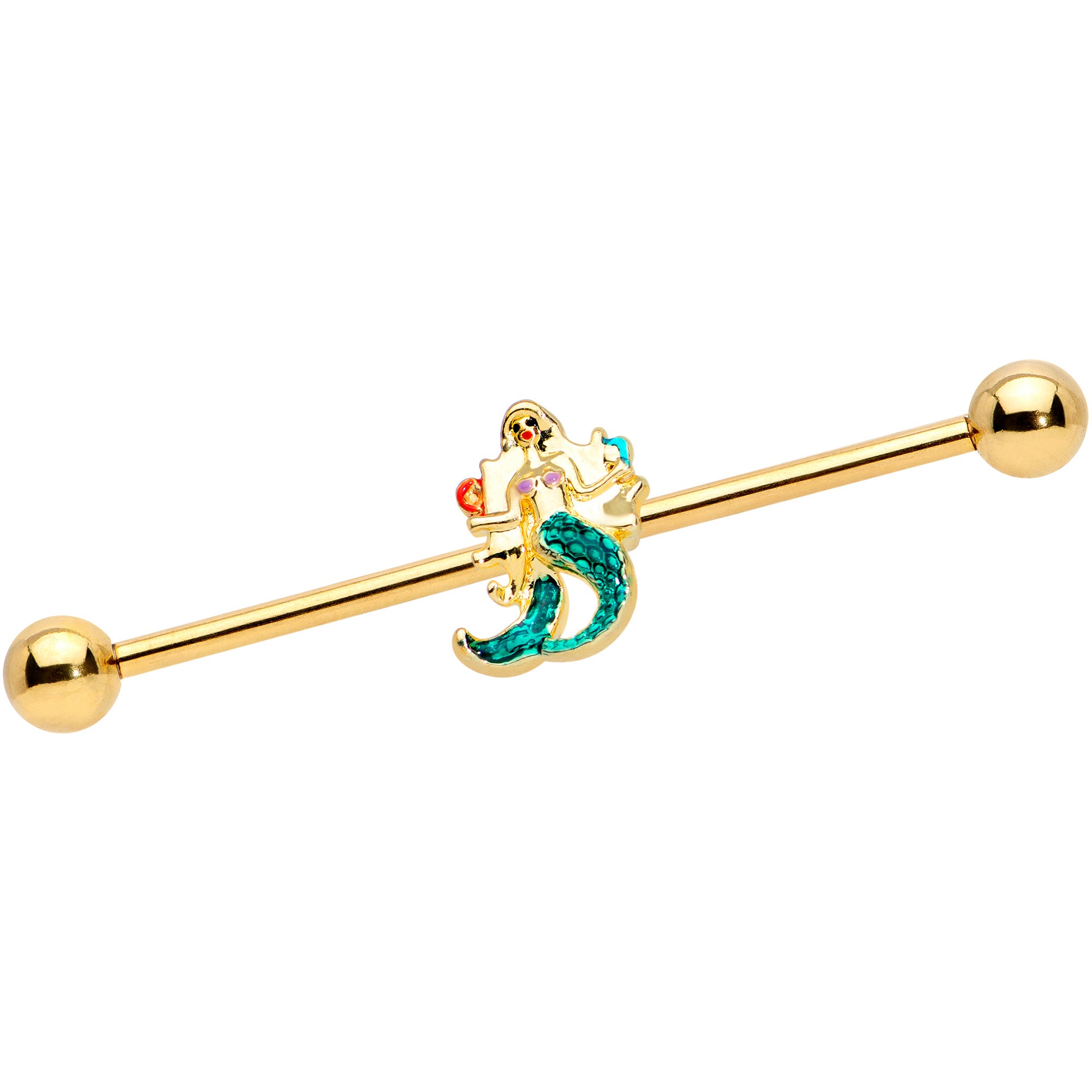 14G Gold Tone Green Mermaid Industrial Barbell 38mm
