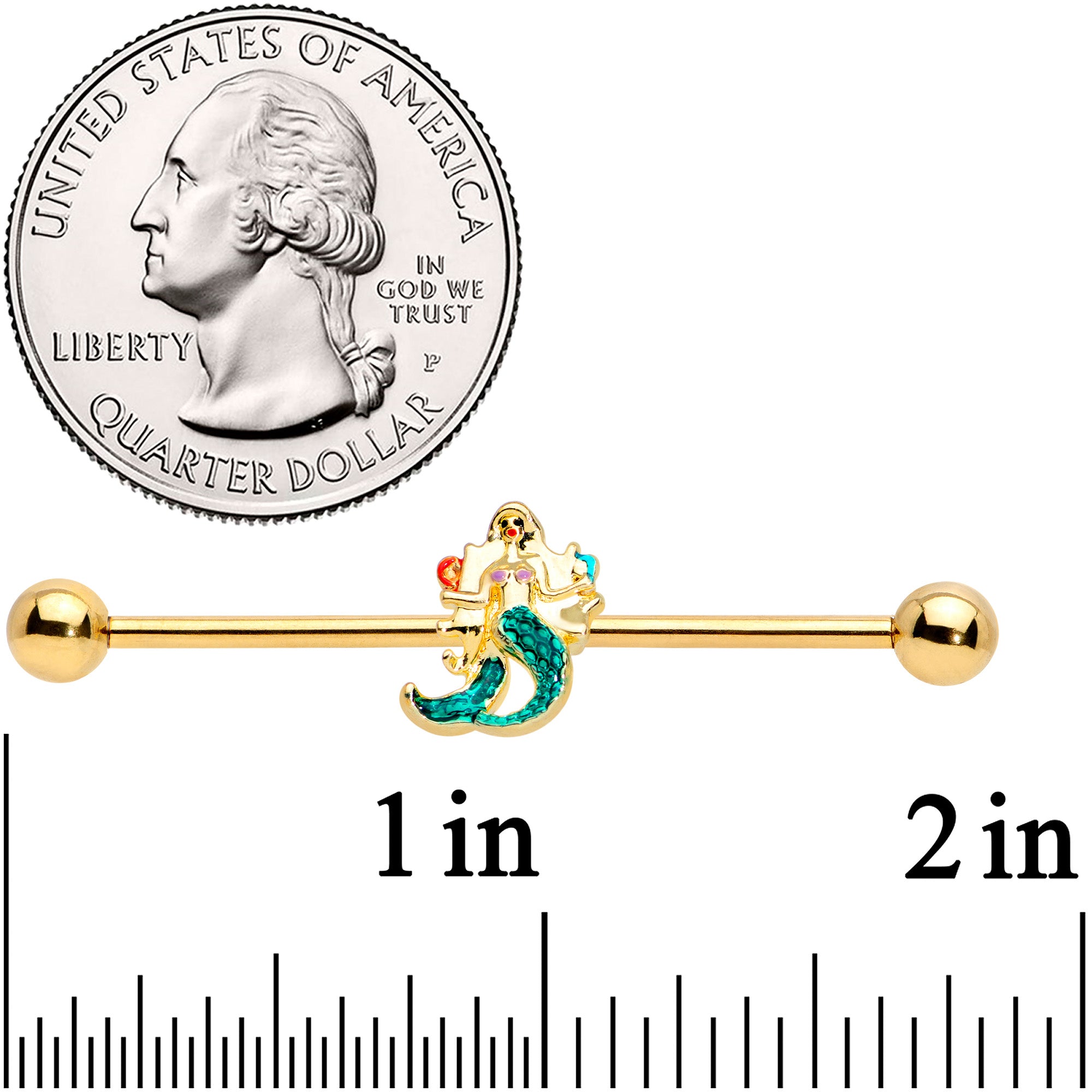 14G Gold Tone Green Mermaid Industrial Barbell 38mm