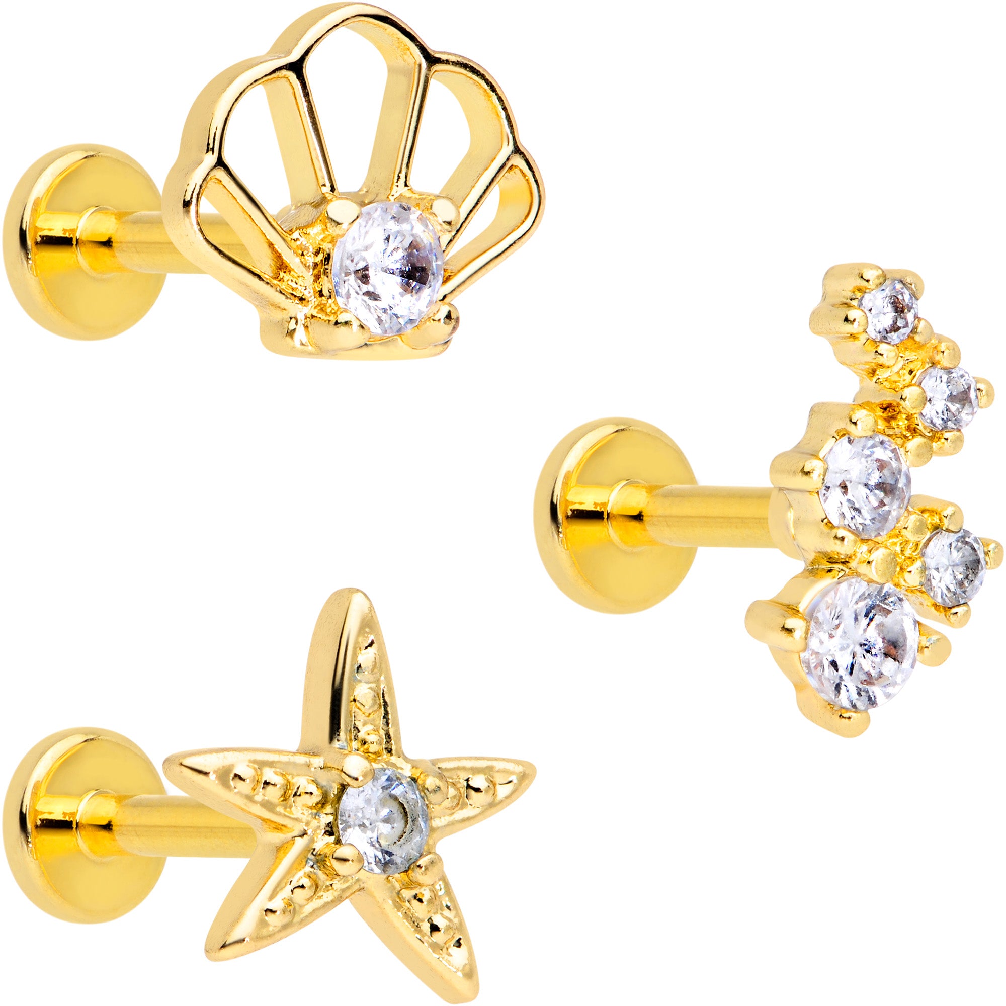 16G 5/16 Clear CZ Gem Gold Tone Nautical Labret Tragus Set of 3