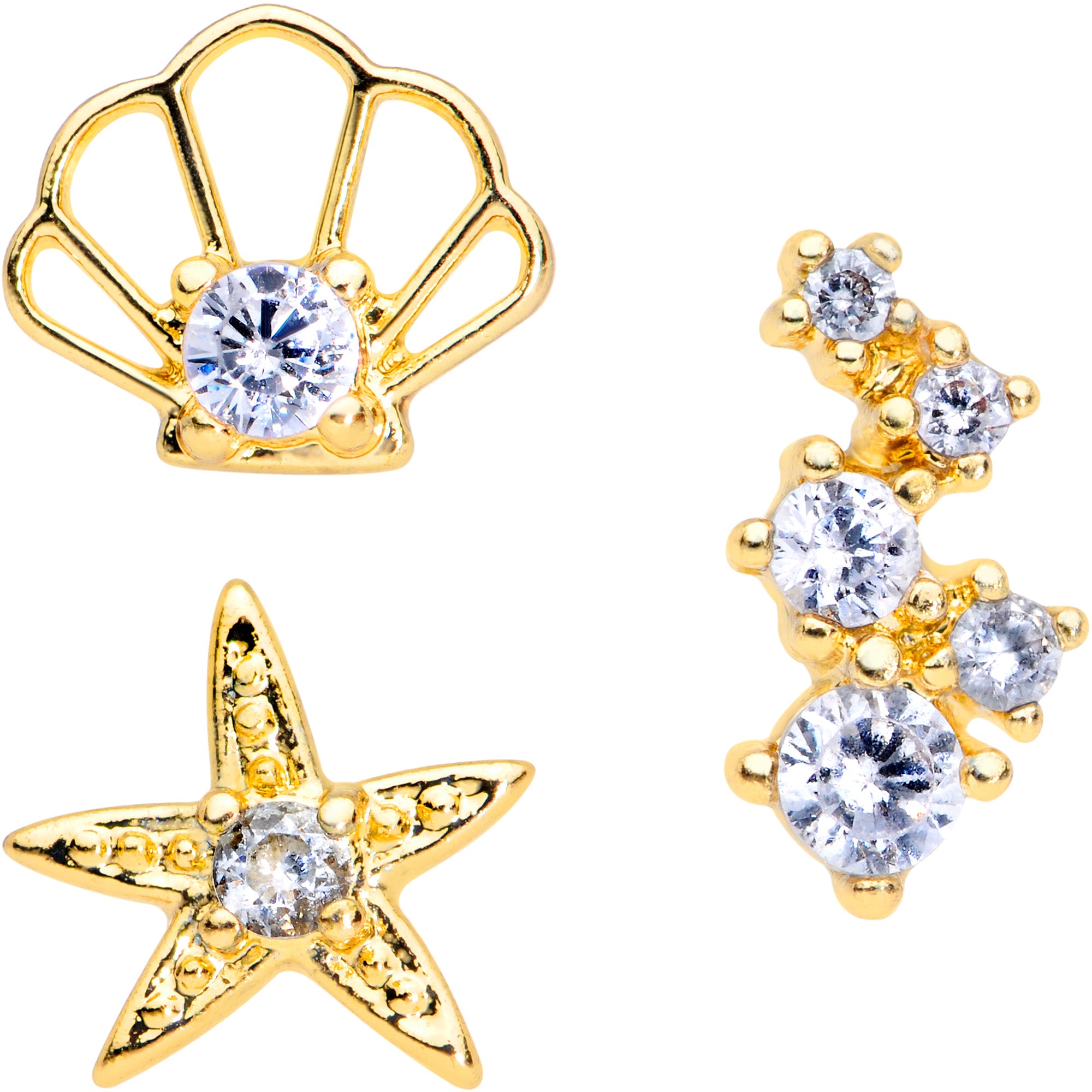 16G 5/16 Clear CZ Gem Gold Tone Nautical Labret Tragus Set of 3