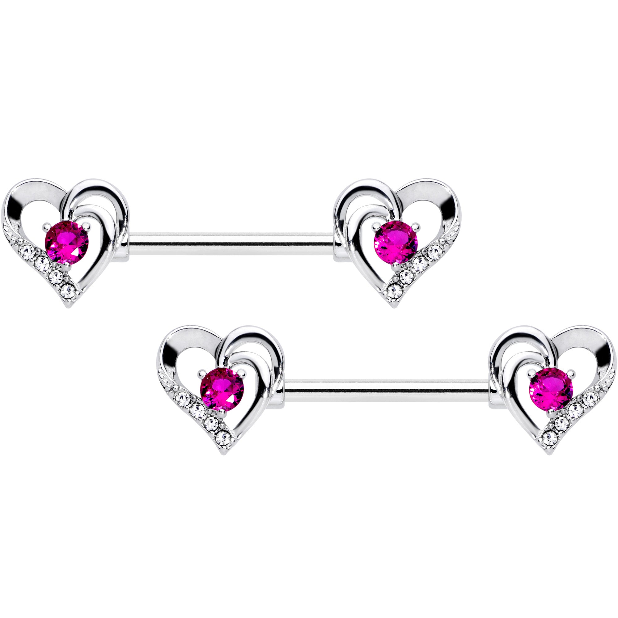 14G 9/16 Pink Gem Heart Valetines Day Barbell Nipple Ring Set