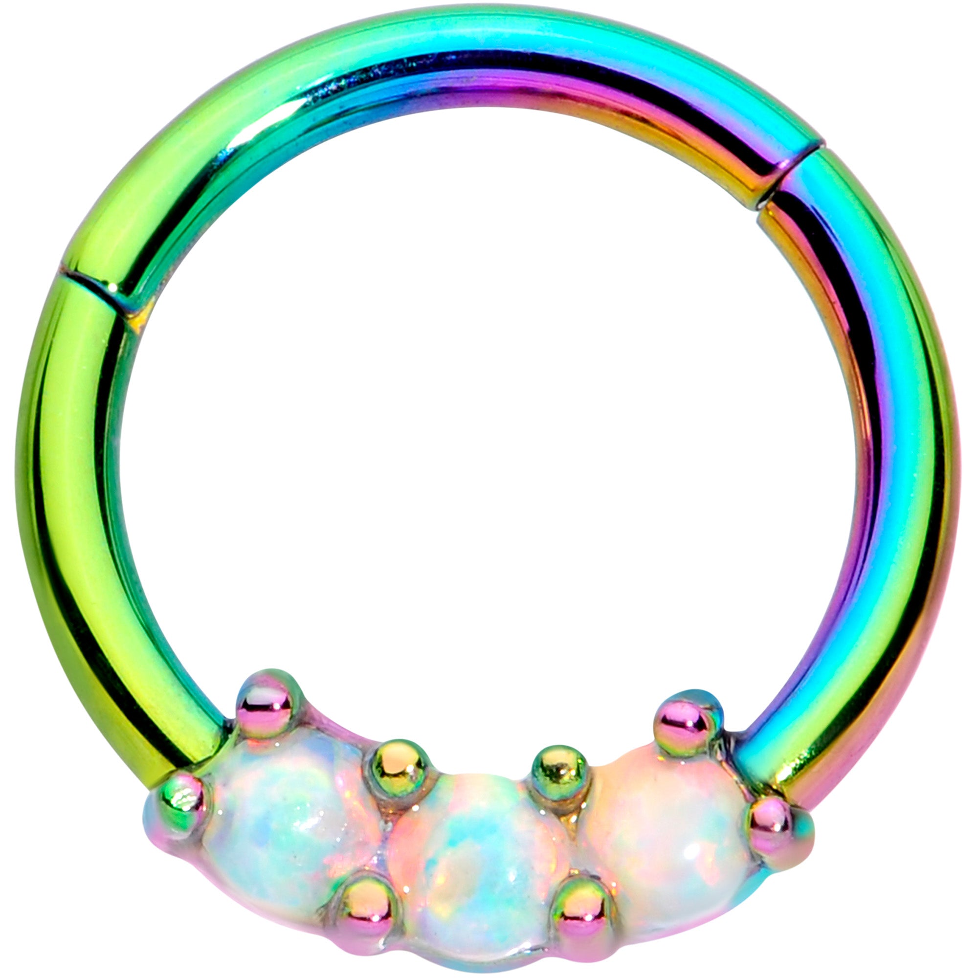 16G 5/16 White Synthetic Opal Rainbow Trio Hinged Segment Ring