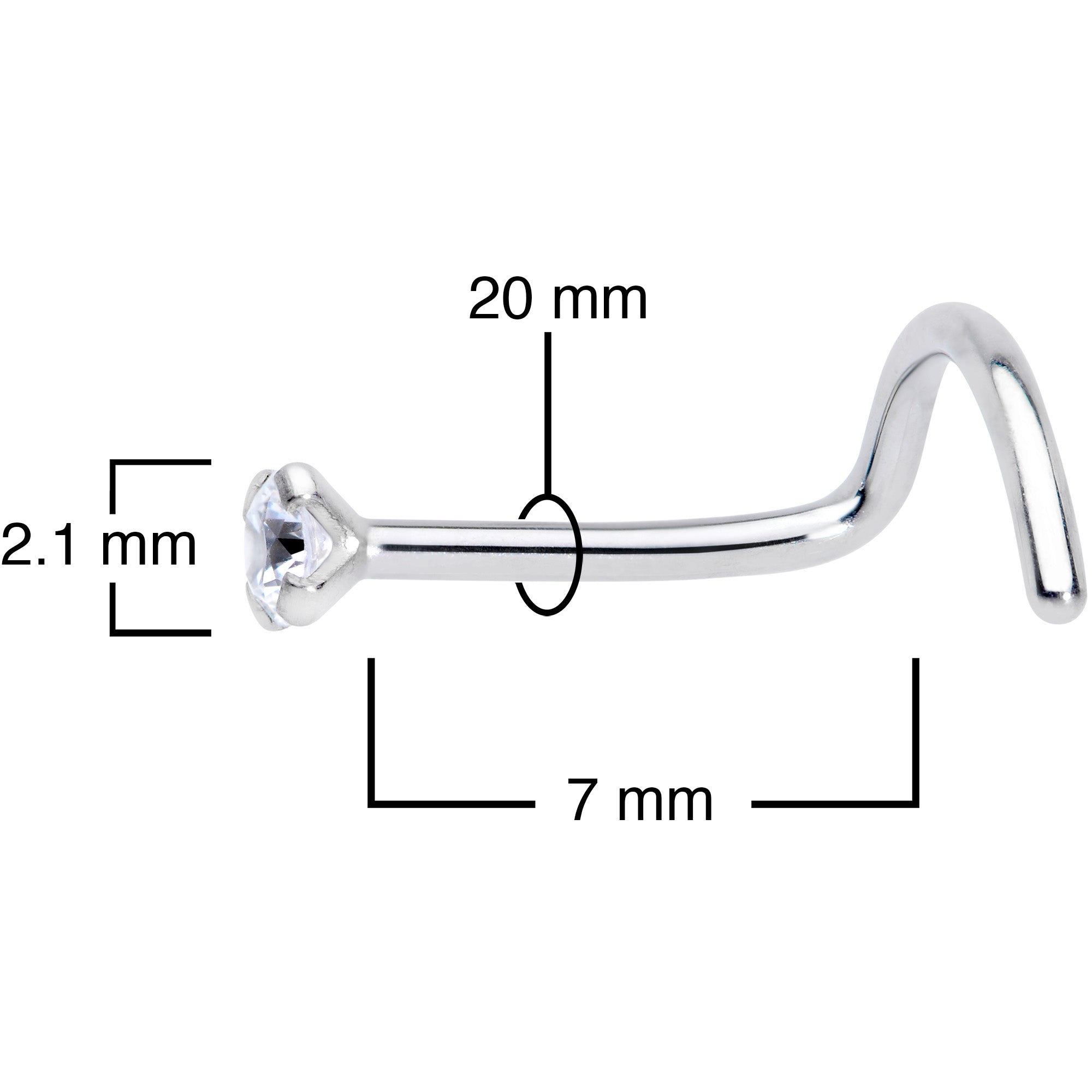 20G 5/16 Clear 2mm CZ Gem Grade 23 Titanium Left Side Nose Screw