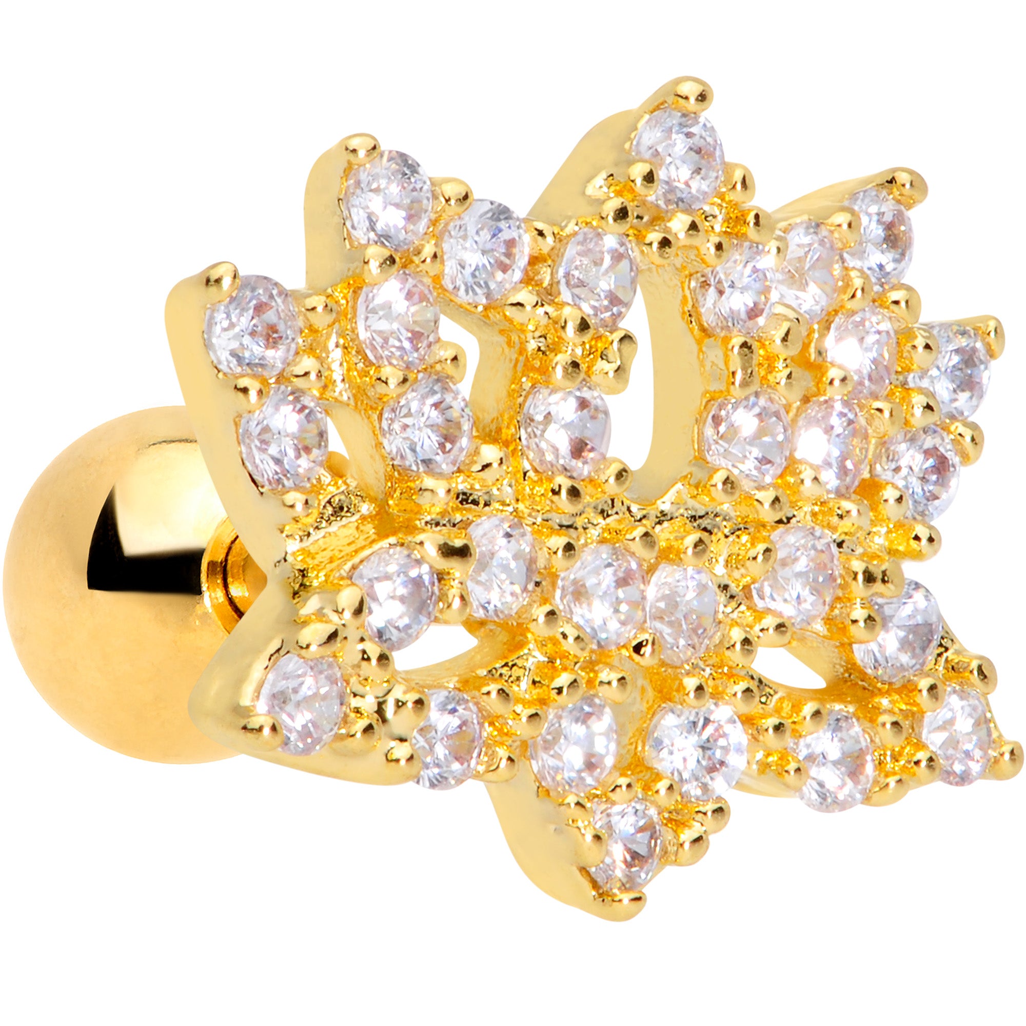 16G 1/4 Clear CZ Gem Gold Tone Lotus Flower Cartilage Tragus