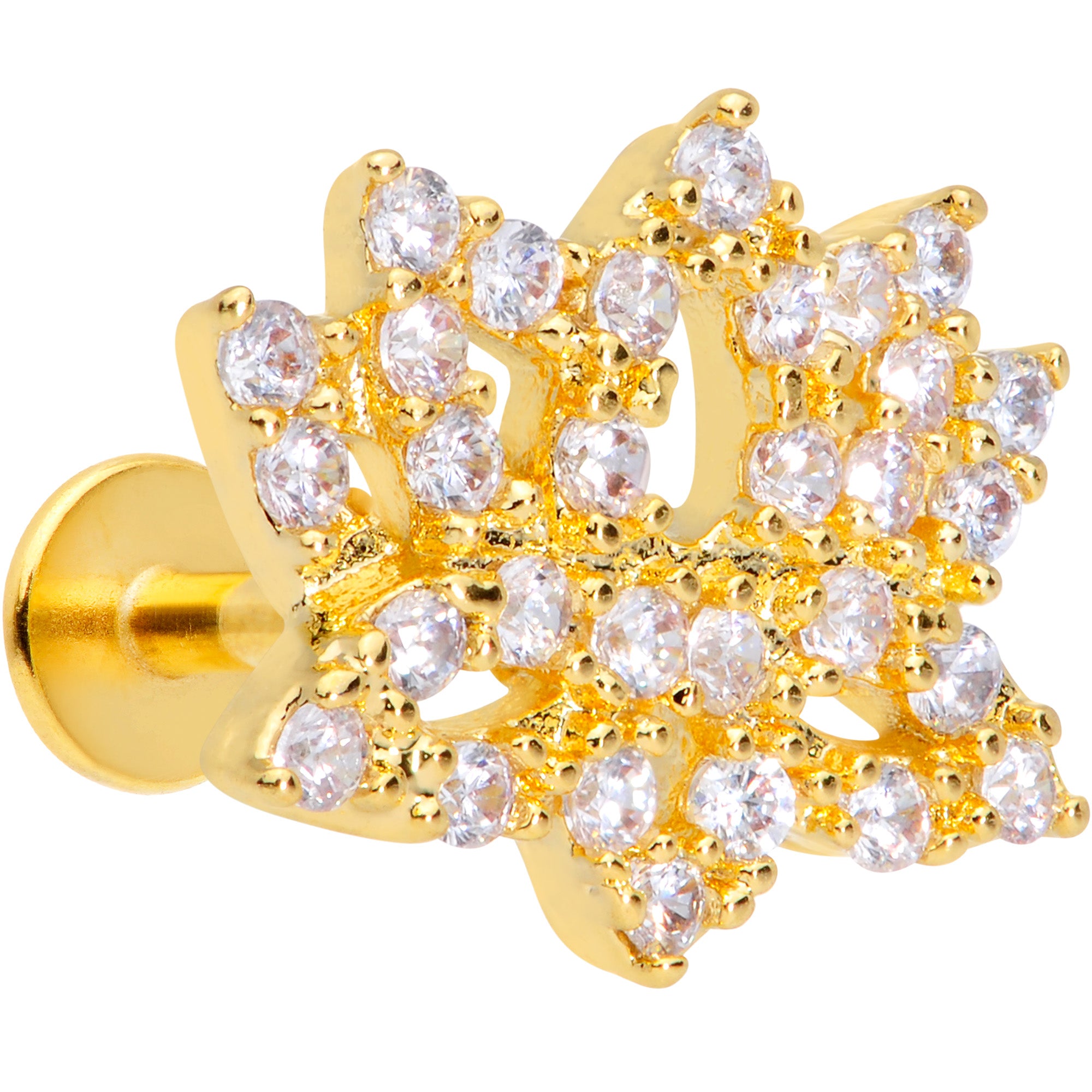 16G 5/16 Clear CZ Gem Gold Tone Lotus Flower Labret Monroe Tragus