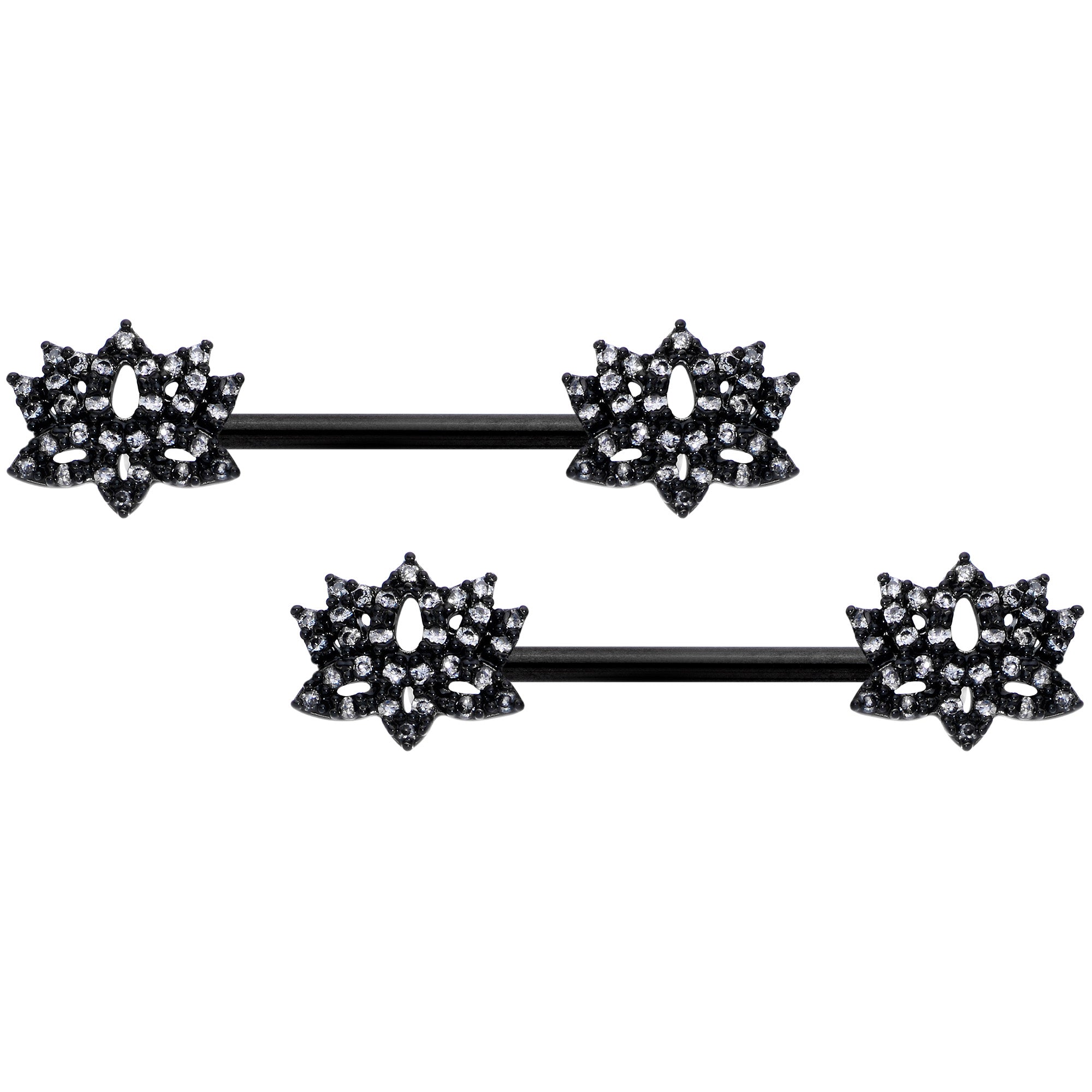 14G 9/16 Clear CZ Gem Black Lotus Flower Nipple Ring Set