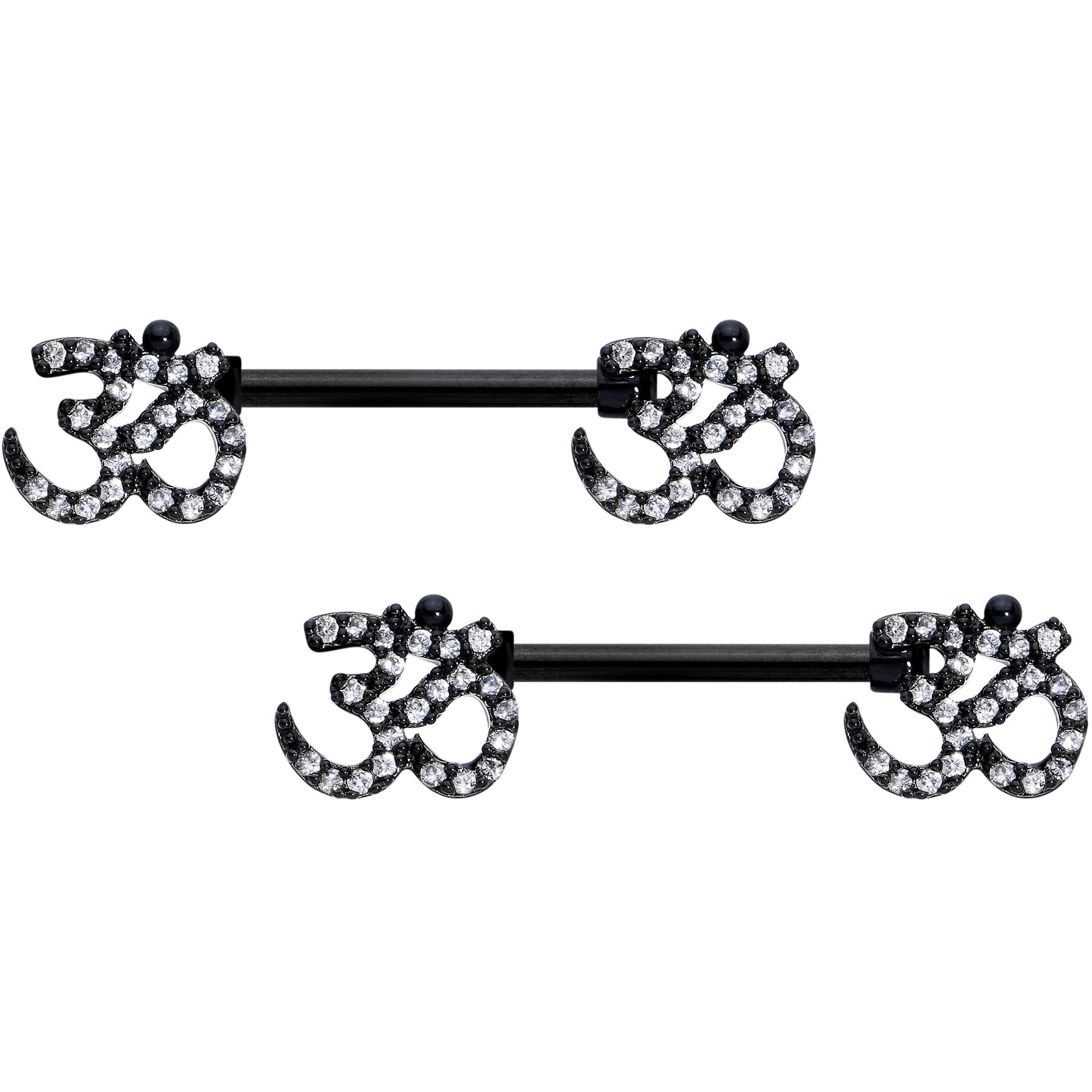 14G 9/16 Clear CZ Gem Black Amazing Om Barbell Nipple Ring Set