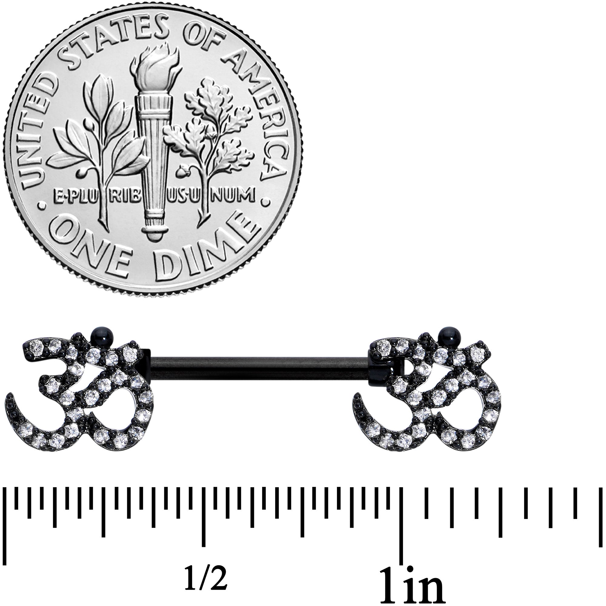 14G 9/16 Clear CZ Gem Black Amazing Om Barbell Nipple Ring Set