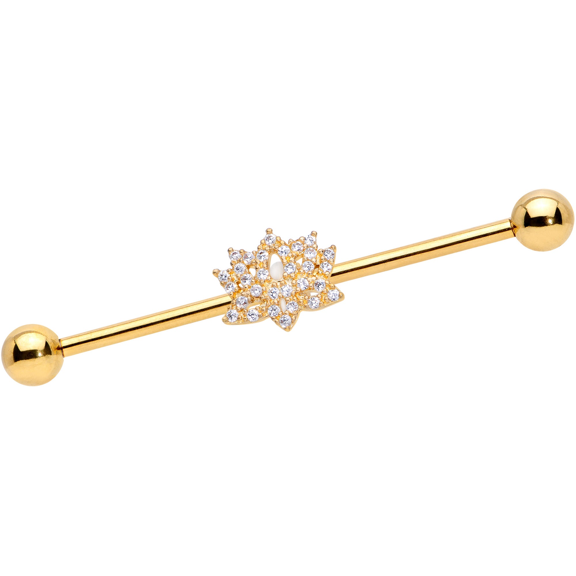 14G Clear CZ Gem Gold Tone Lotus Flower Industrial Barbell 38mm