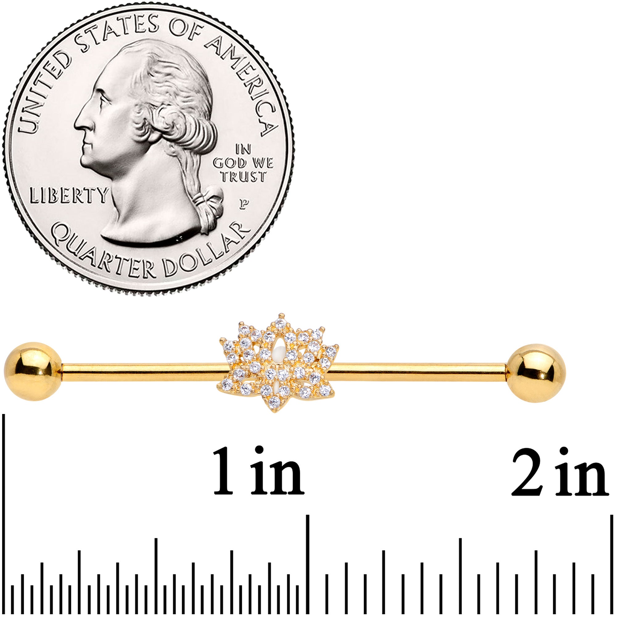 14G Clear CZ Gem Gold Tone Lotus Flower Industrial Barbell 38mm