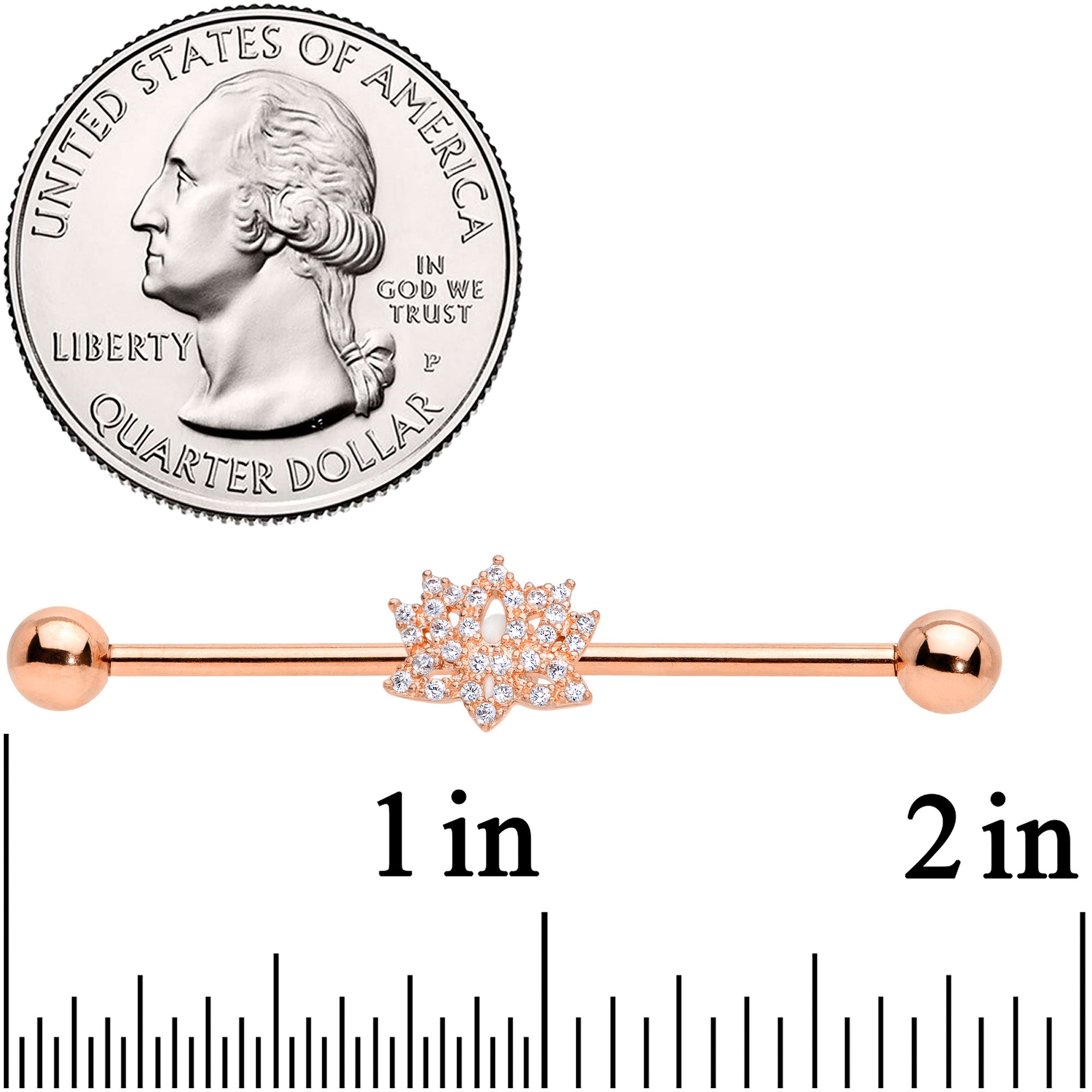 14G Clear CZ Gem Rose Gold Tone Lotus Industrial Barbell 38mm