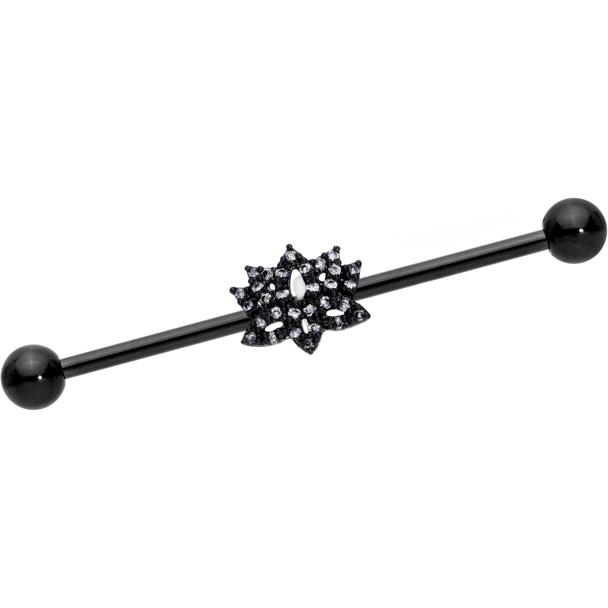 14G Clear CZ Gem Black Lotus Flower Industrial Barbell 38mm