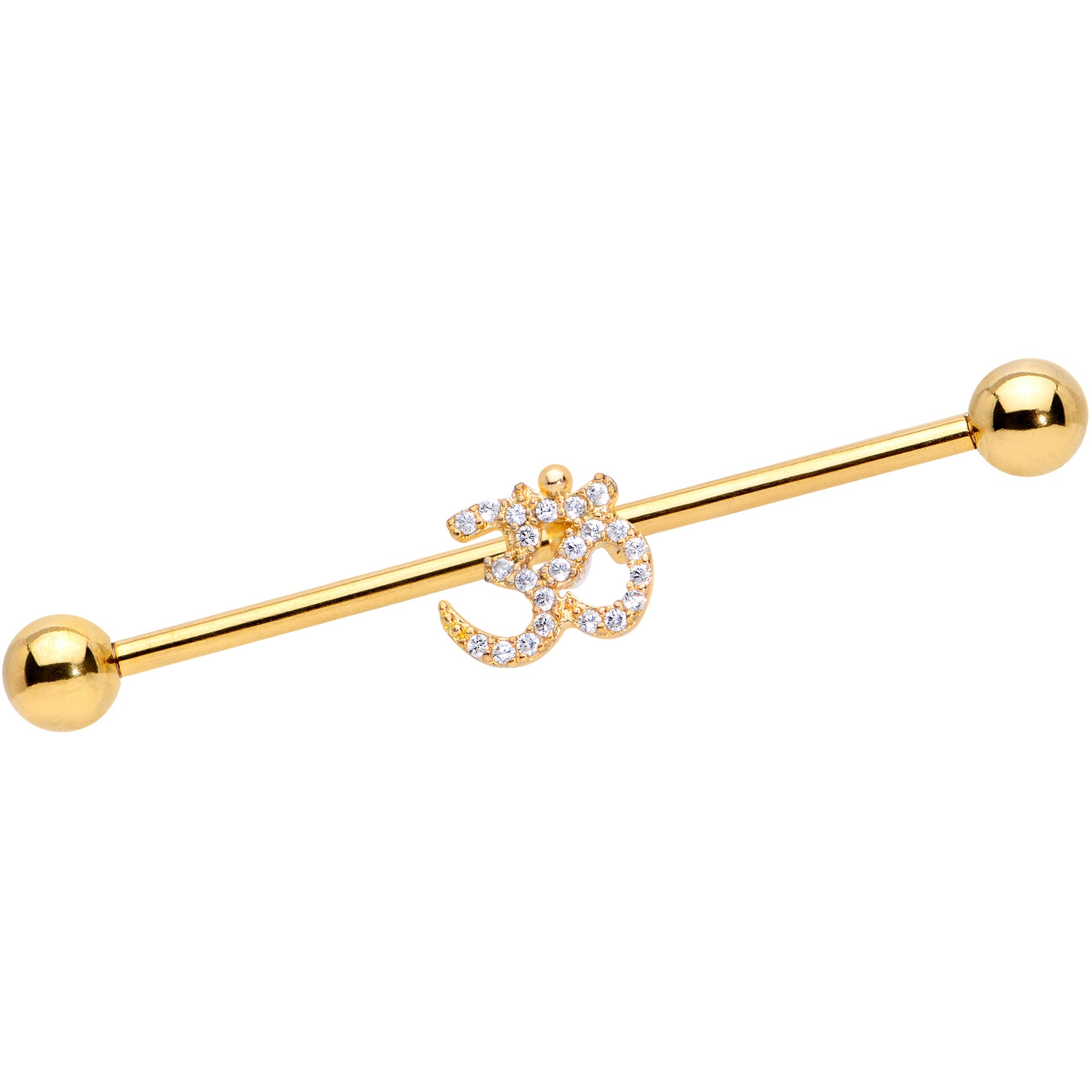 14G Clear CZ Gem Gold Tone Amazing Om Industrial Barbell 38mm