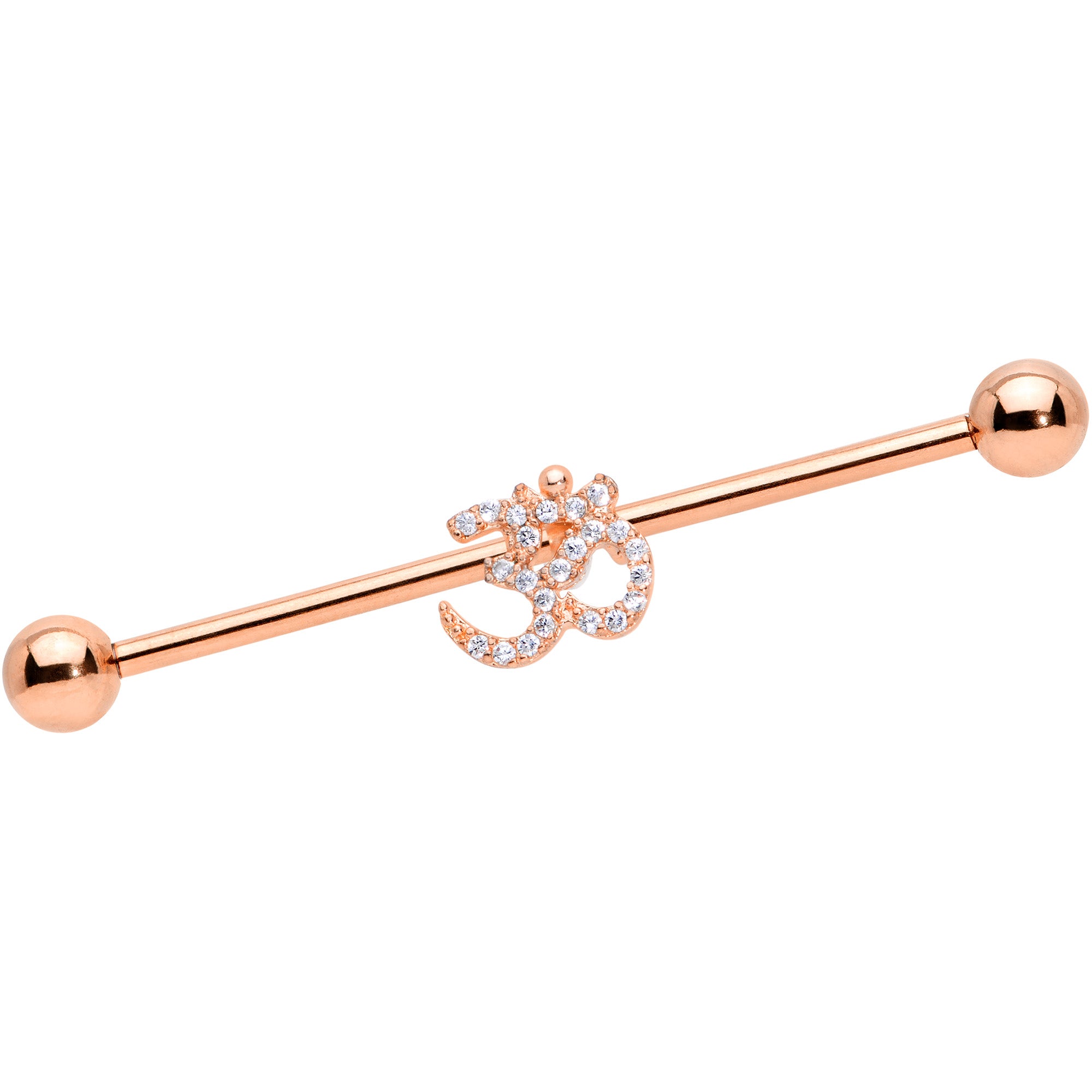 14G Clear CZ Gem Rose Gold Hue Amazing Om Industrial Barbell 38mm