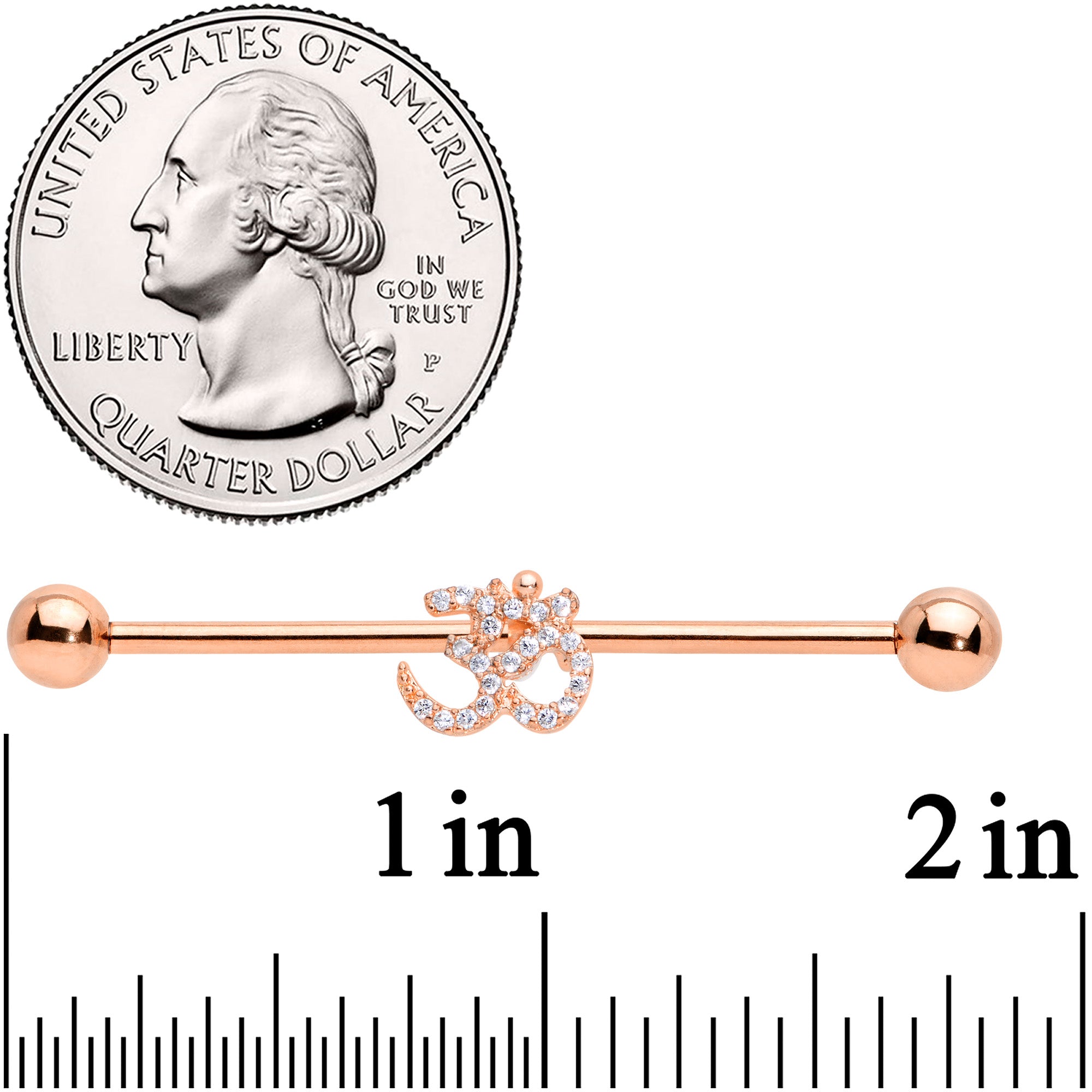 14G Clear CZ Gem Rose Gold Hue Amazing Om Industrial Barbell 38mm