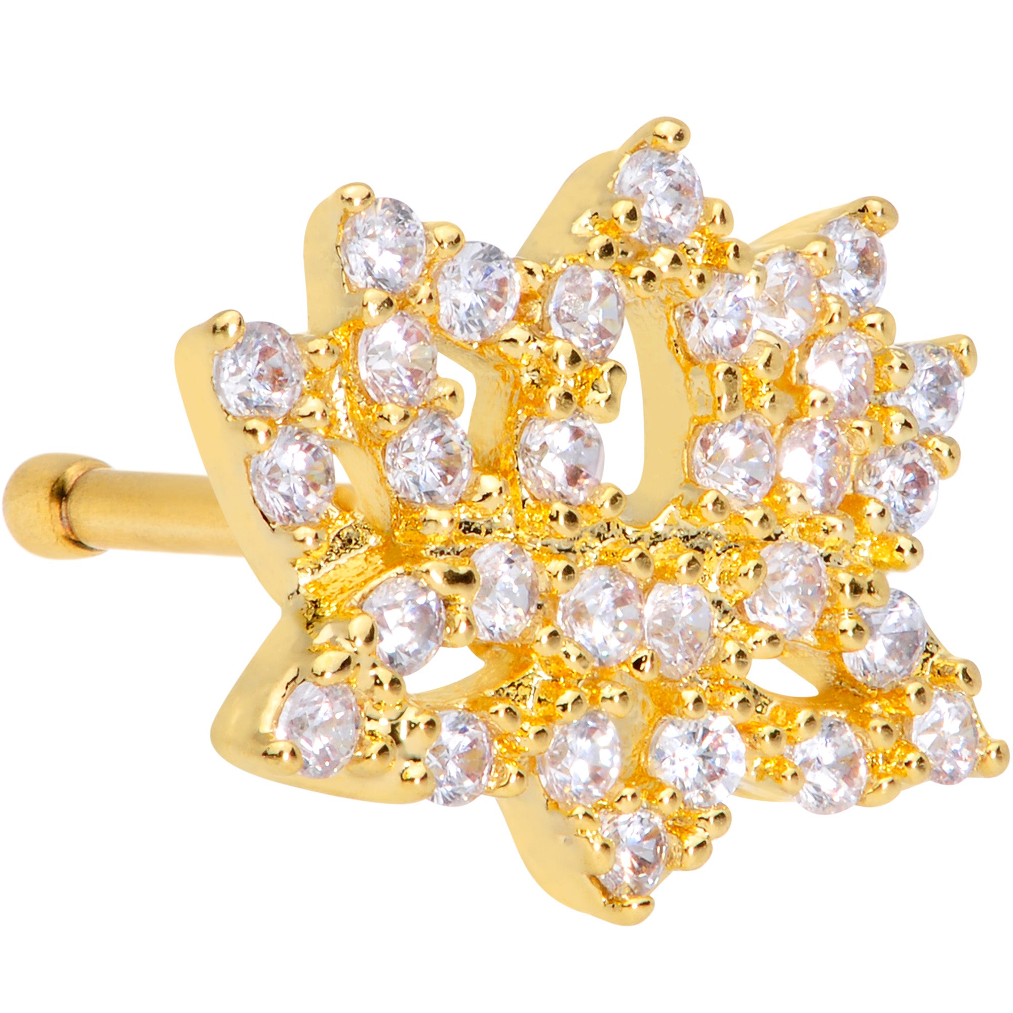 20G 1/4 Clear CZ Gem Gold Tone Lotus Flower Nose Bone