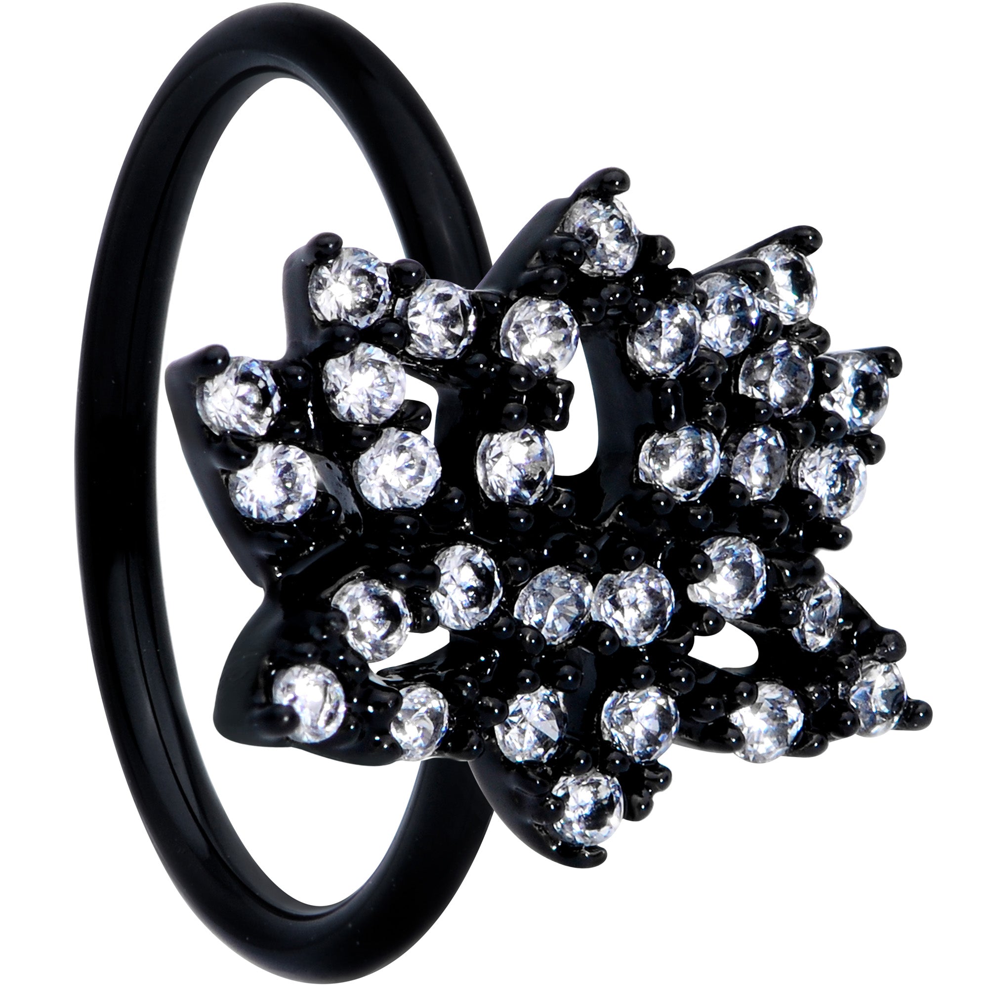 18G 3/8 Clear CZ Gem Black Lotus Flower Nose Hoop
