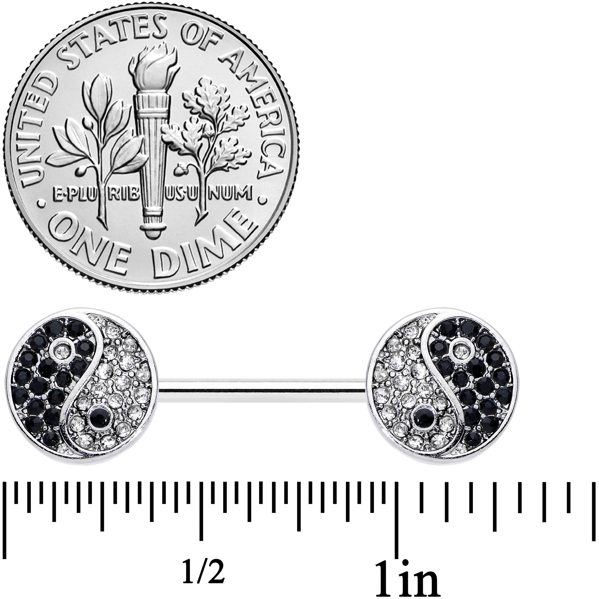 14G 9/16 Clear Black Gem Yin Yang Barbell Nipple Ring Set