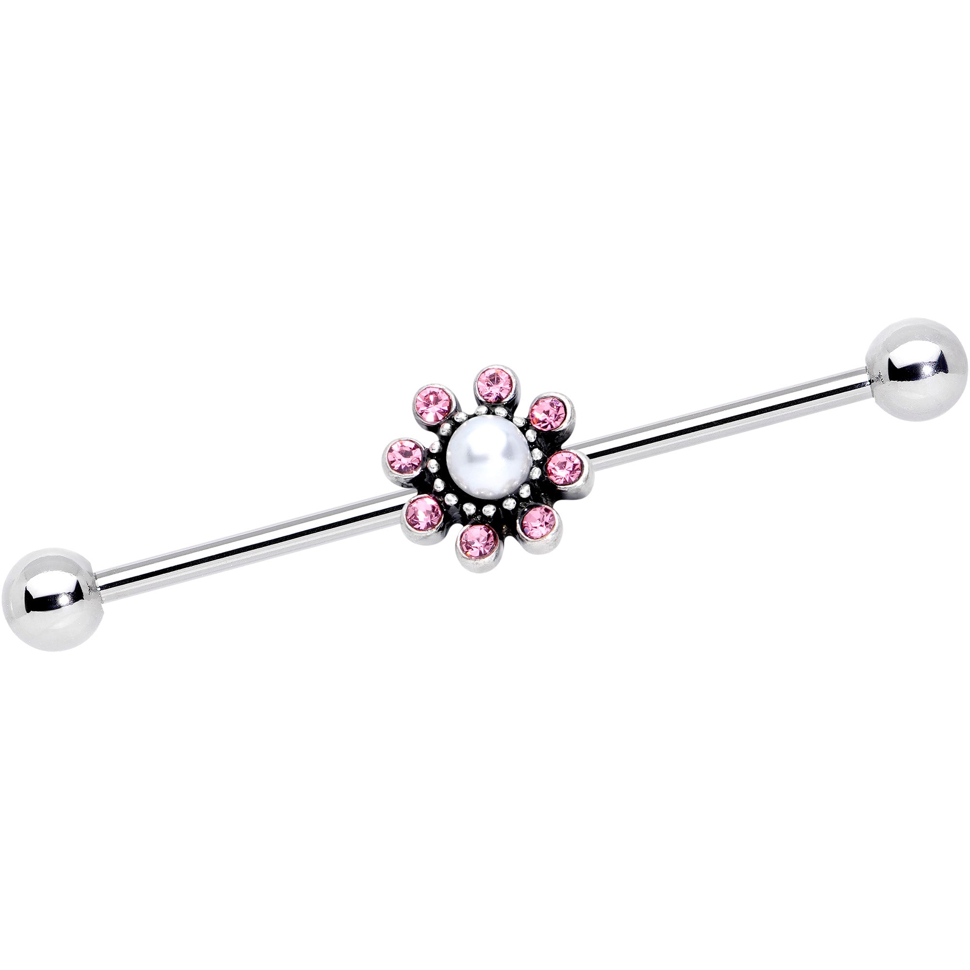 14G Pink Gem Pearlescent Flower Industrial Barbell 38mm