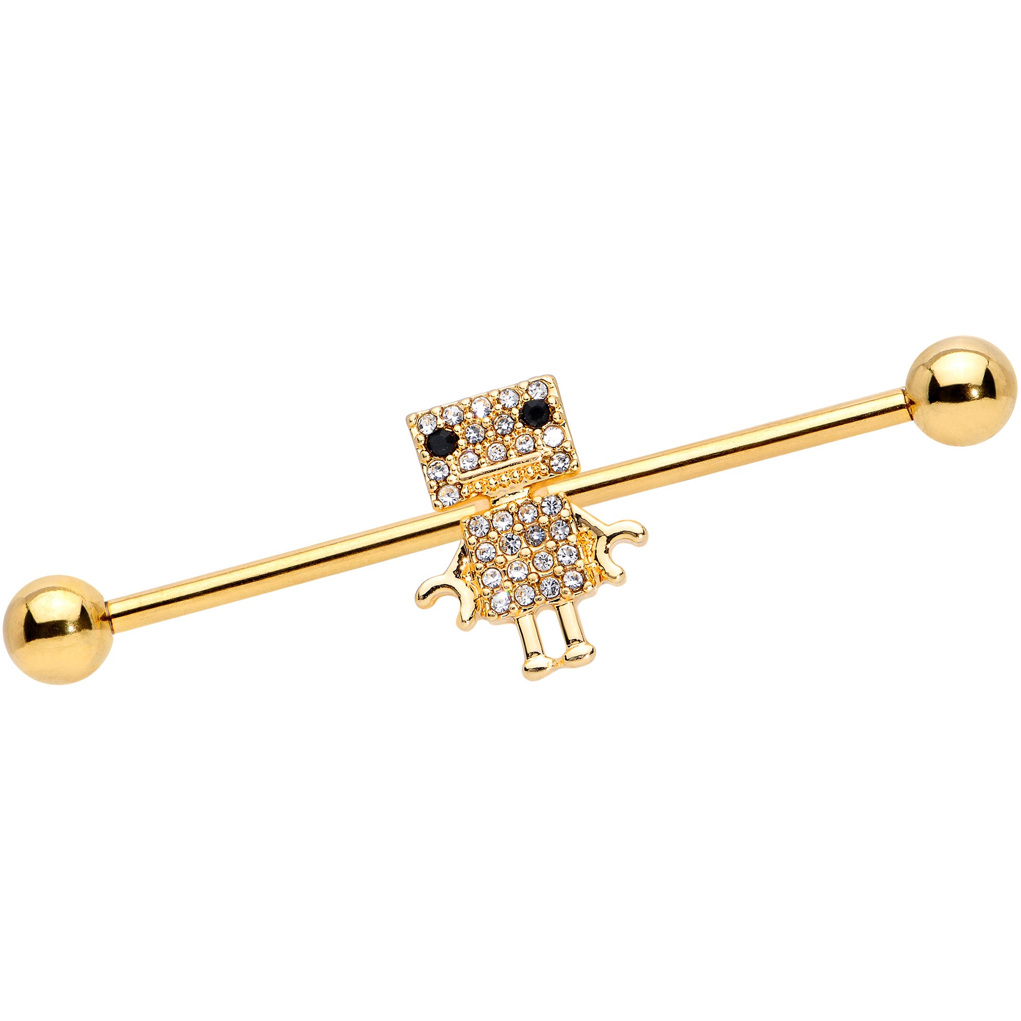 14G Clear Gem Gold Tone Ritzy Robot Industrial Barbell 38mm