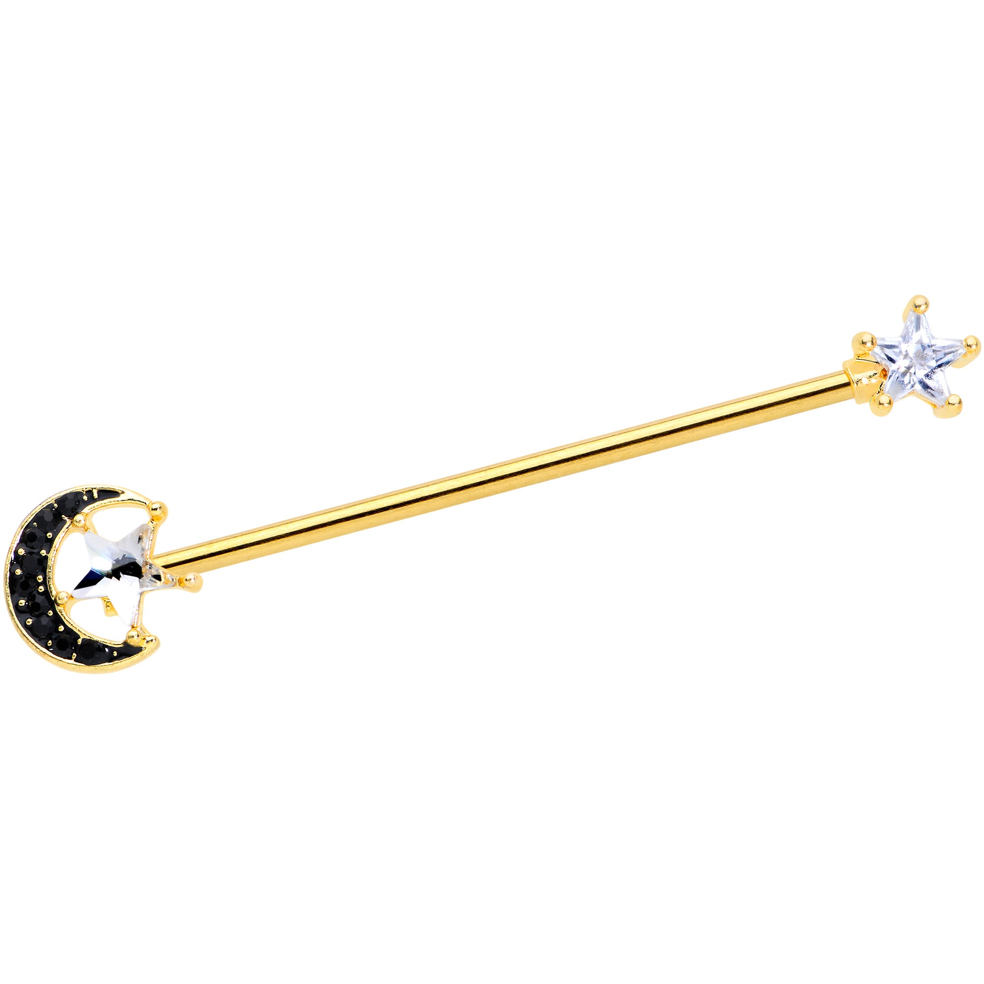14G Clear CZ Gem Gold Hue Star Black Moon Industrial Barbell 38mm