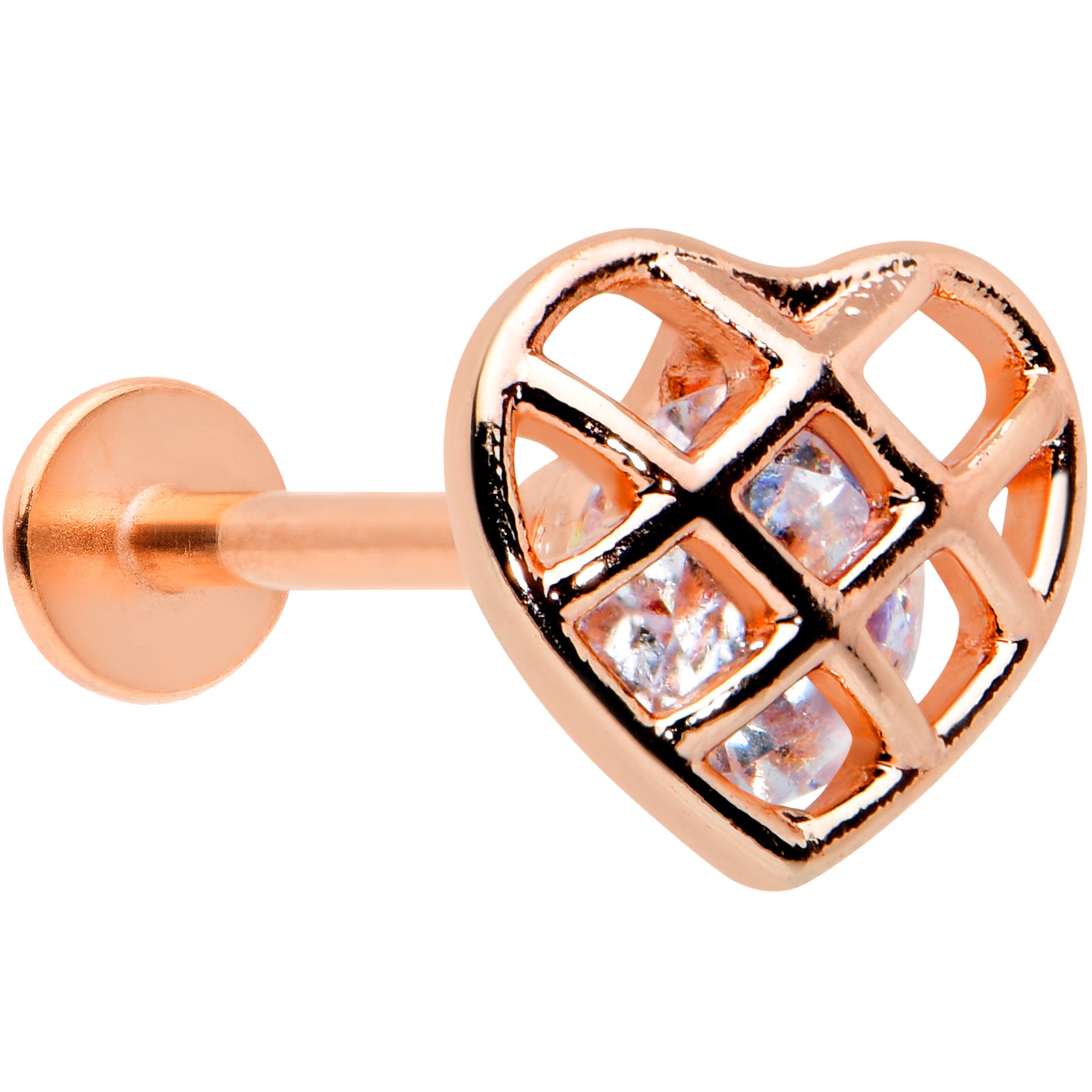 16G 5/16 Clear CZ Gem Rose Gold Tone Cage Heart Labret Tragus