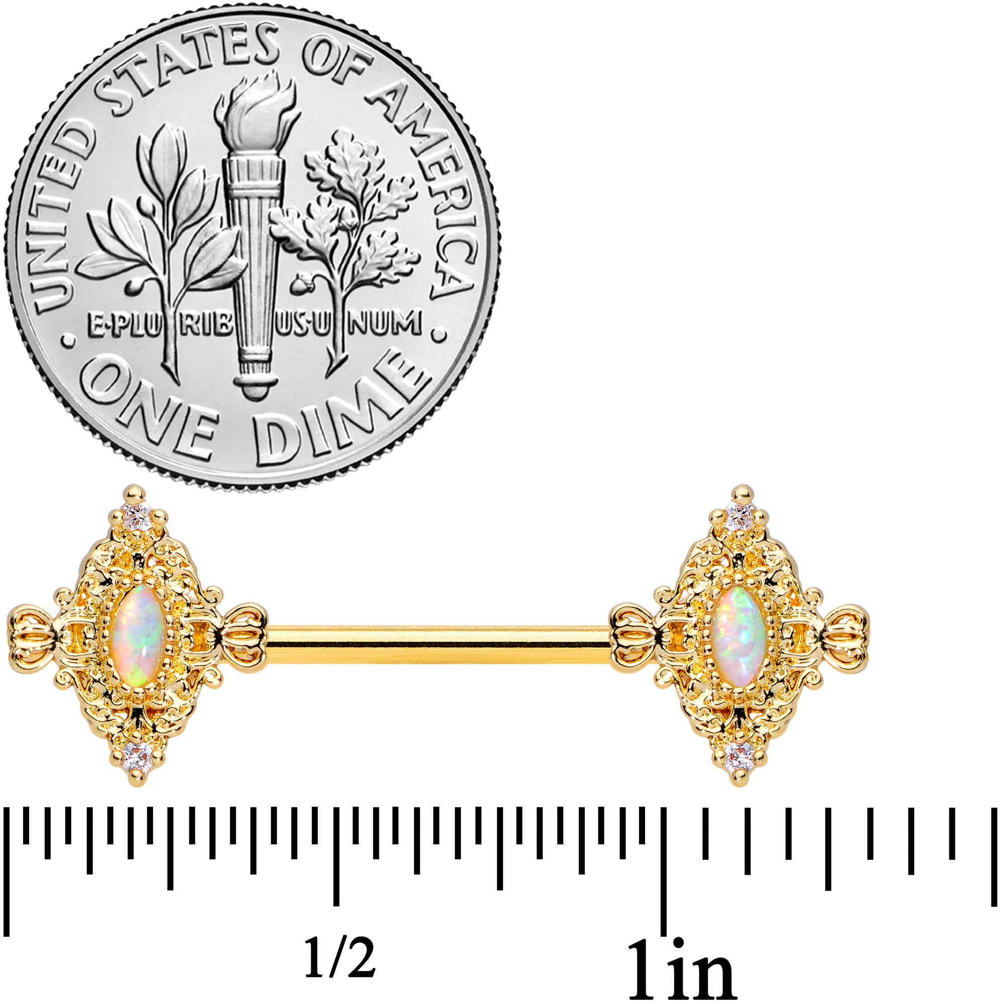 14G 9/16 White Synthetic Opal Gold Tone Barbell Nipple Ring Set