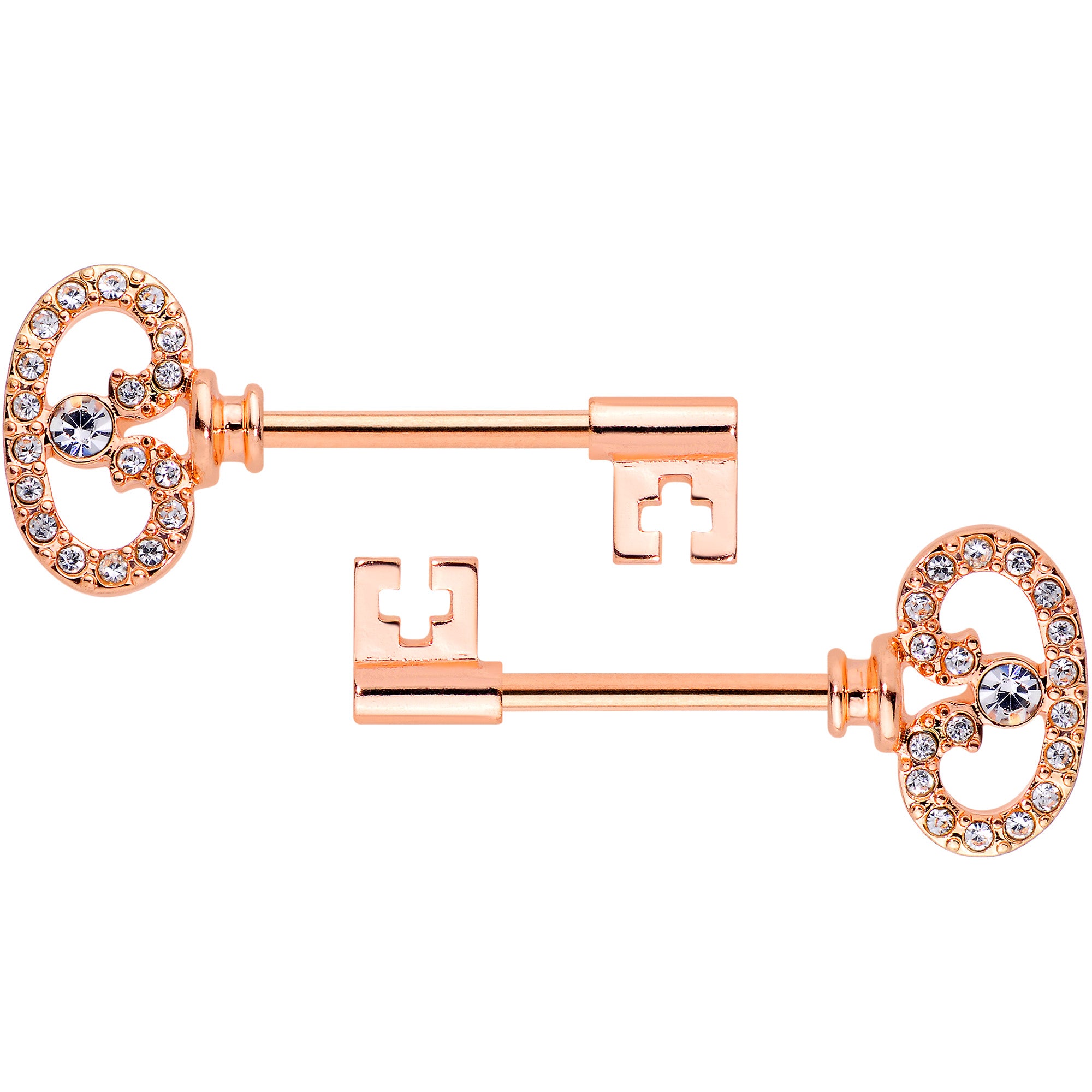 14G 9/16 Clear CZ Gem Rose Gold Tone Key Nipple Ring Set