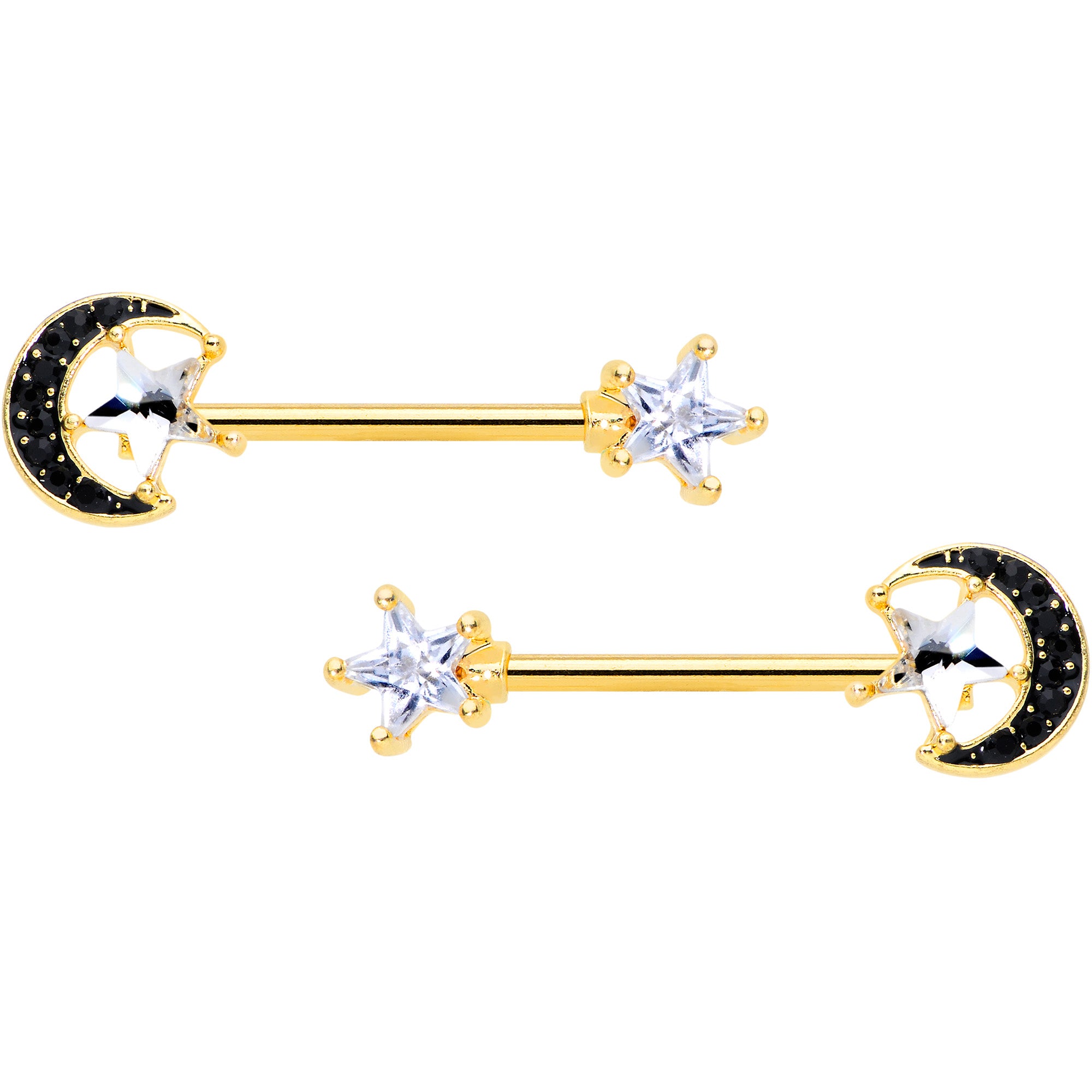 14G 5/8 Clear CZ Gem Gold Tone Black Moon Barbell Nipple Ring Set
