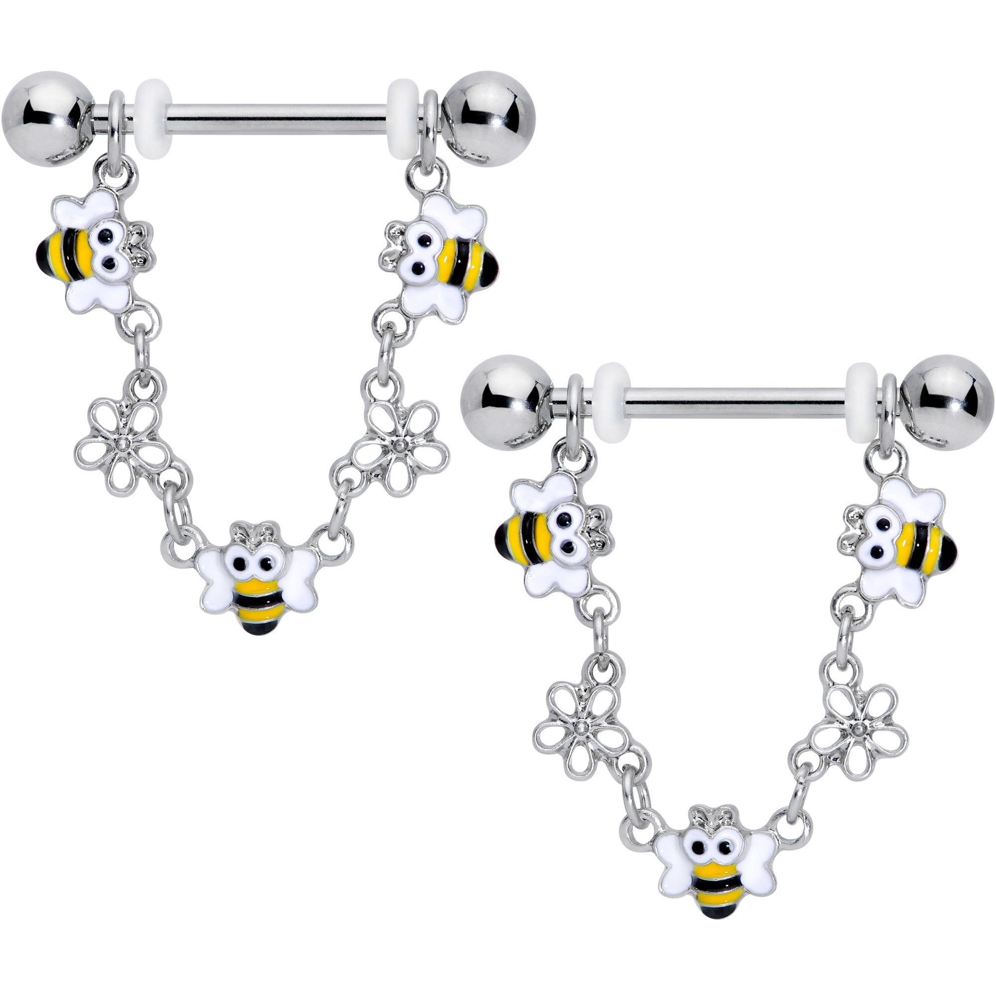 14G 5/8 Little Bees Flowers Dangle Barbell Nipple Ring Set