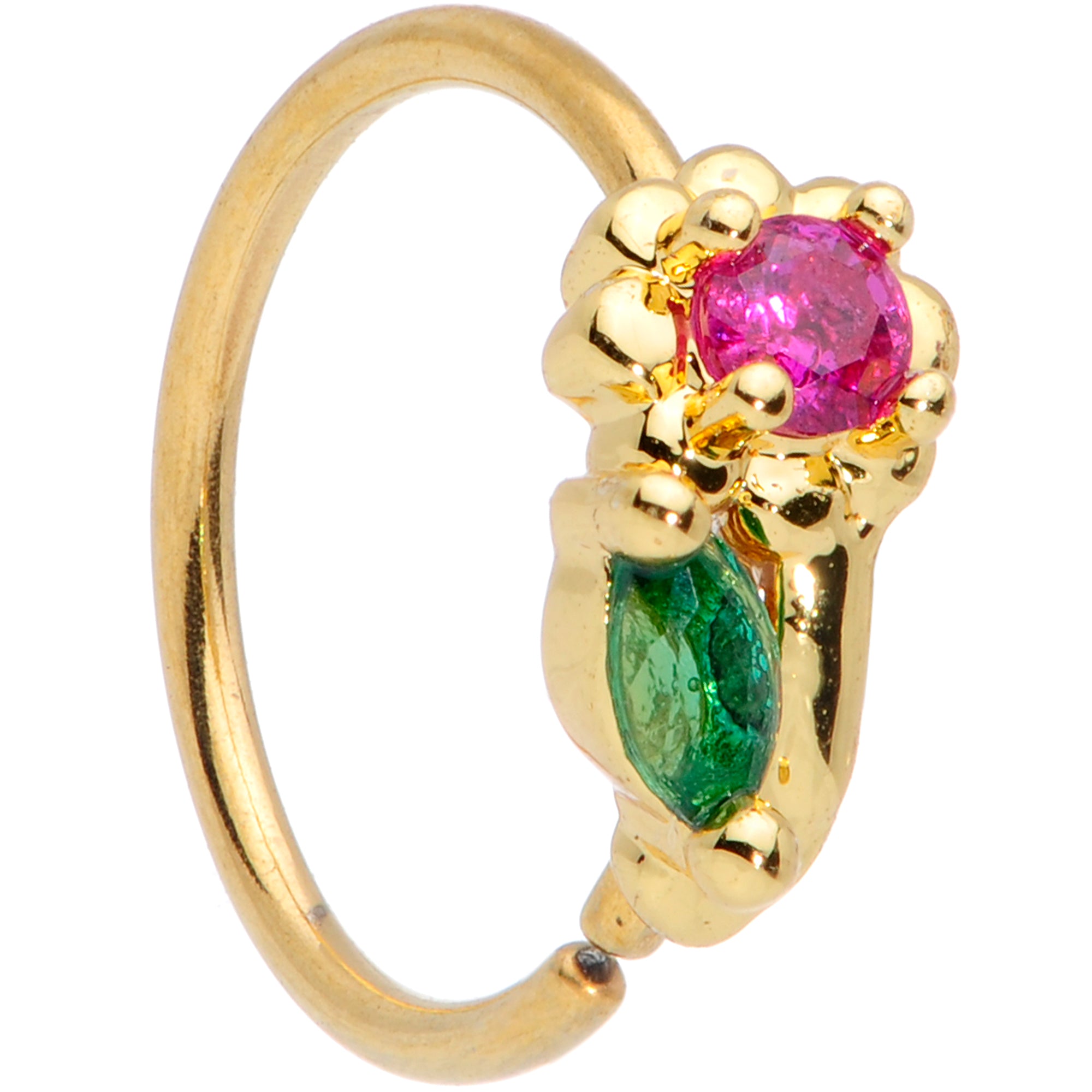 20G 5/16 Pink Green Gem Gold Tone Floral Nose Hoop