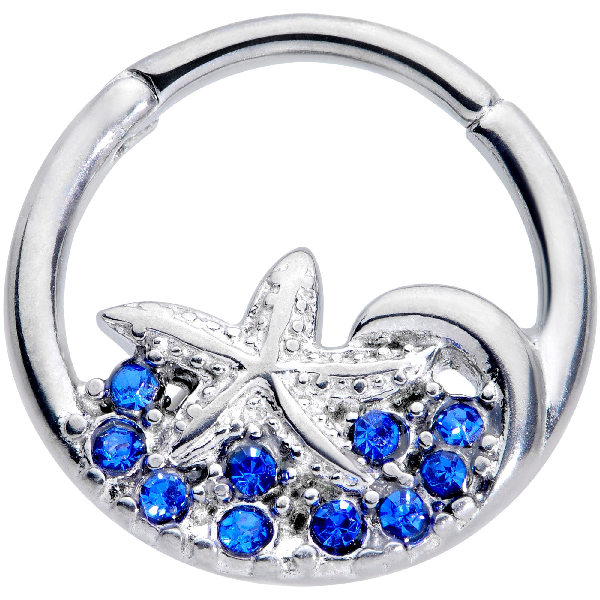 16G 3/8 Blue Gem Nautical Starfish Hinged Segment Ring