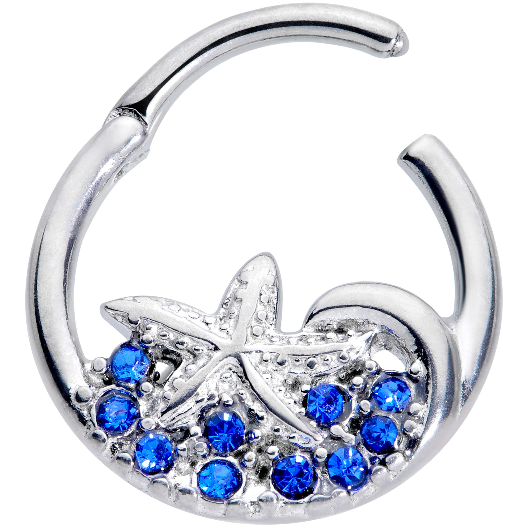 16G 3/8 Blue Gem Nautical Starfish Hinged Segment Ring