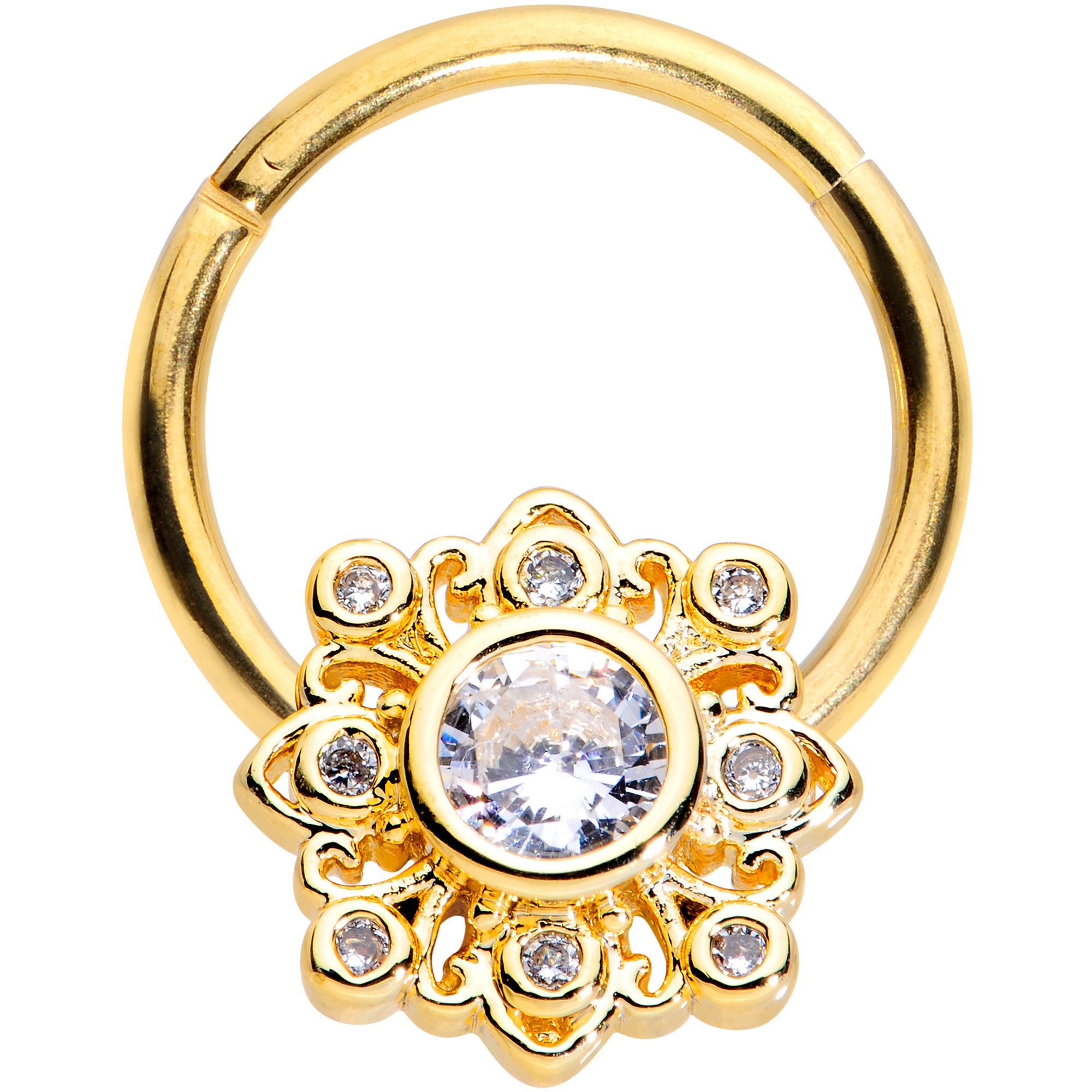 16G 3/8 Clear CZ Gem Gold Tone Regal Seal Hinged Segment Ring